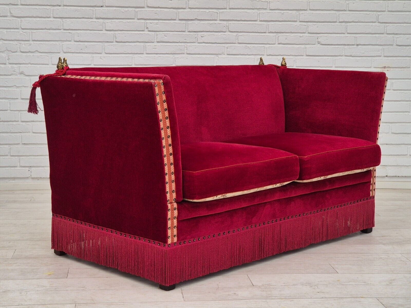 1970s Danish velour 2 seater drop arm sofa cherry-red velour original