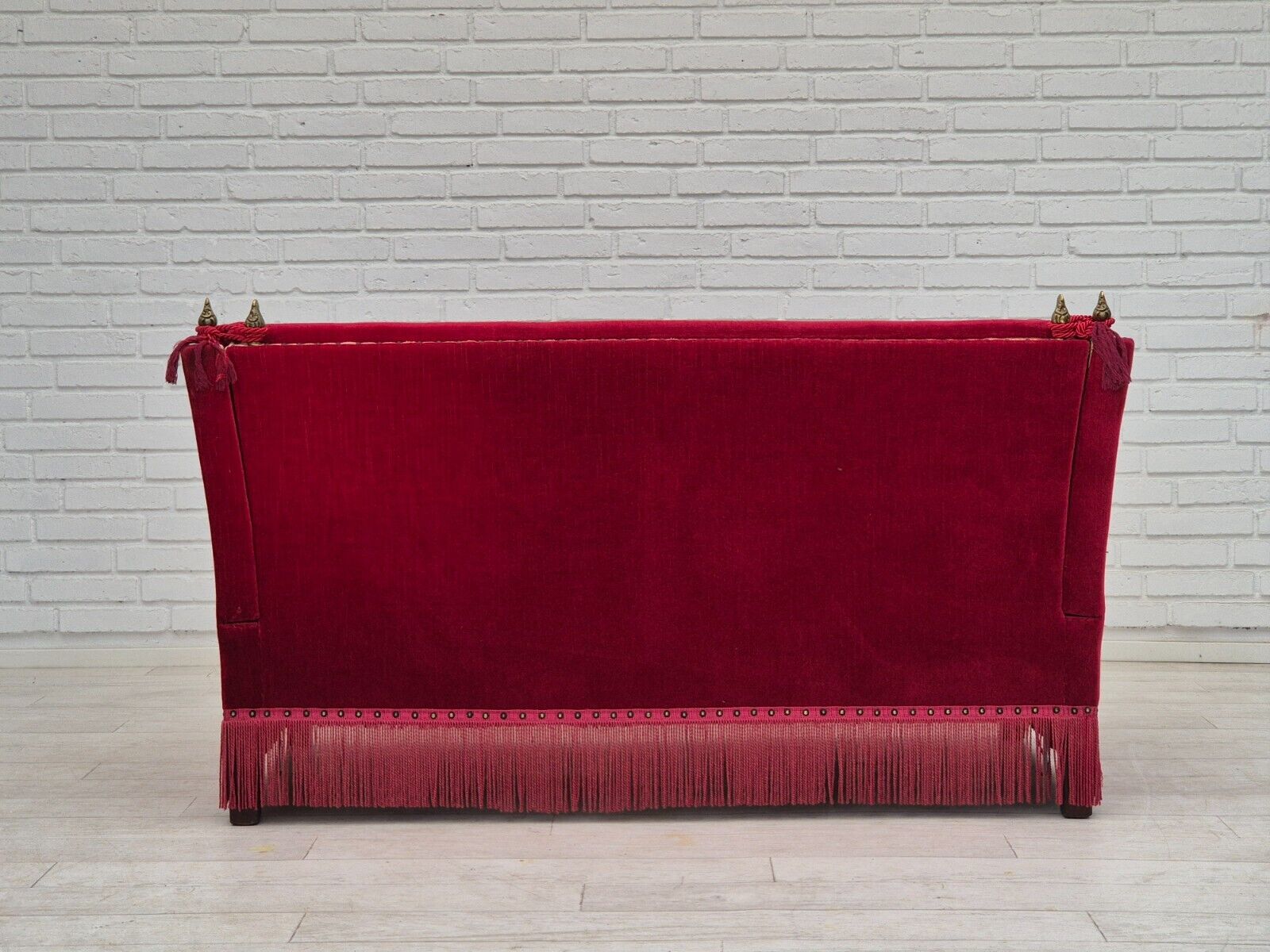 1970s Danish velour 2 seater drop arm sofa cherry-red velour original