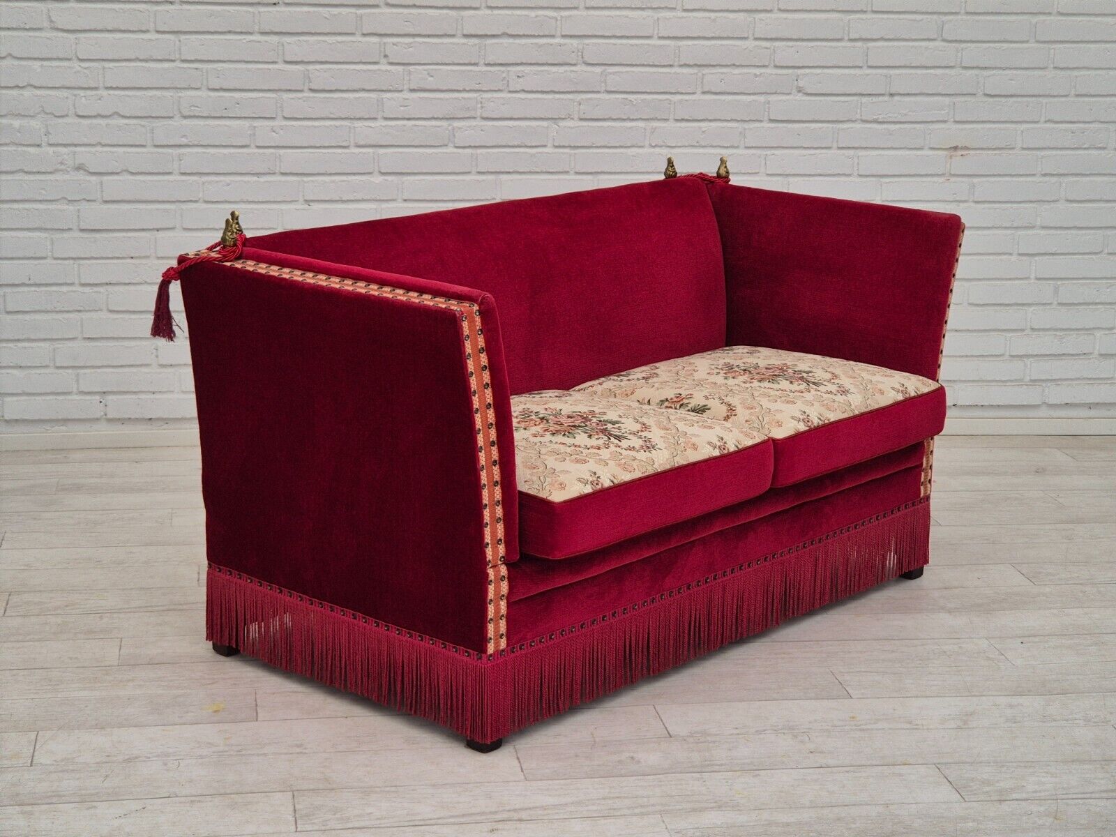 1970s Danish velour 2 seater drop arm sofa cherry-red velour original