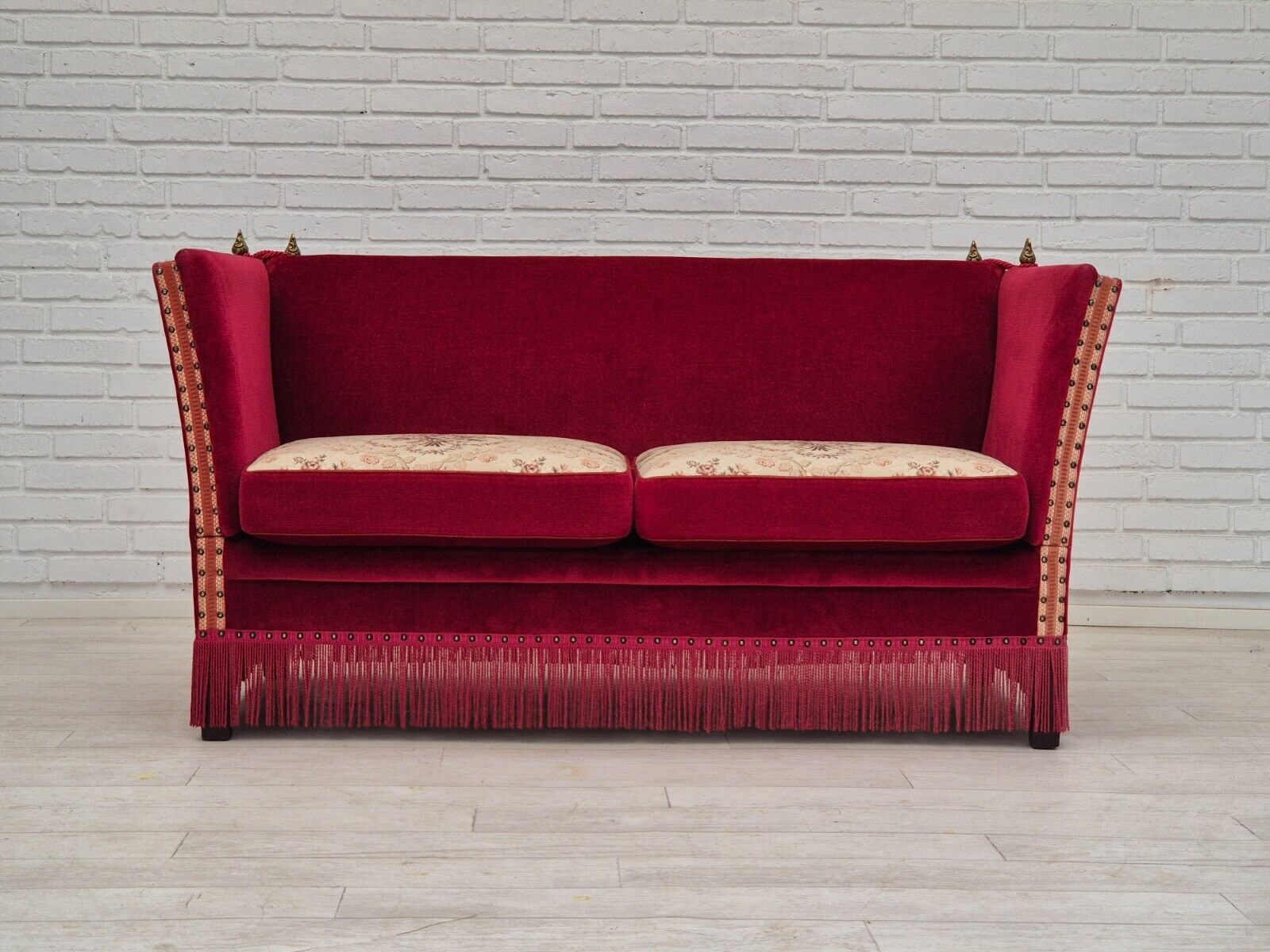 1970s Danish velour 2 seater drop arm sofa cherry-red velour original