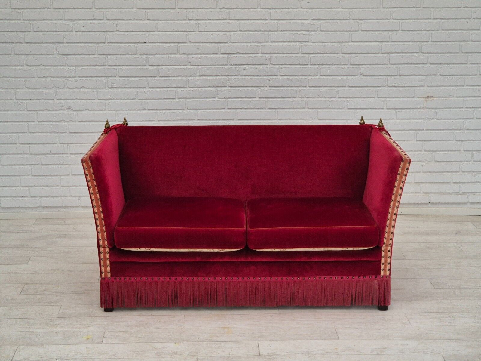 1970s Danish velour 2 seater drop arm sofa cherry-red velour original