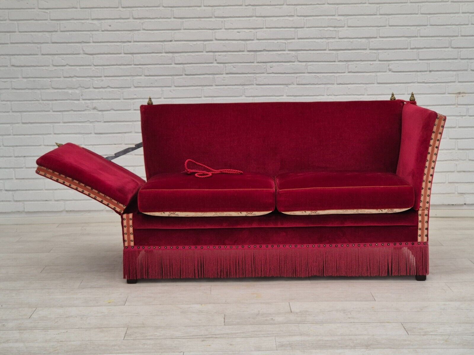 1970s Danish velour 2 seater drop arm sofa cherry-red velour original