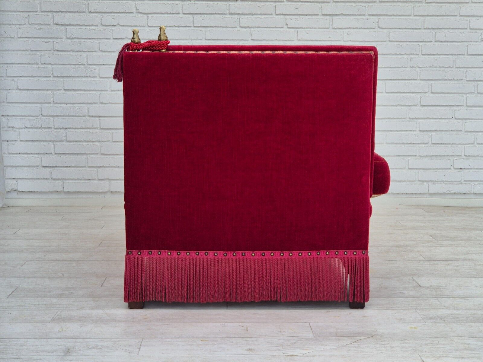 1970s Danish velour 2 seater drop arm sofa cherry-red velour original