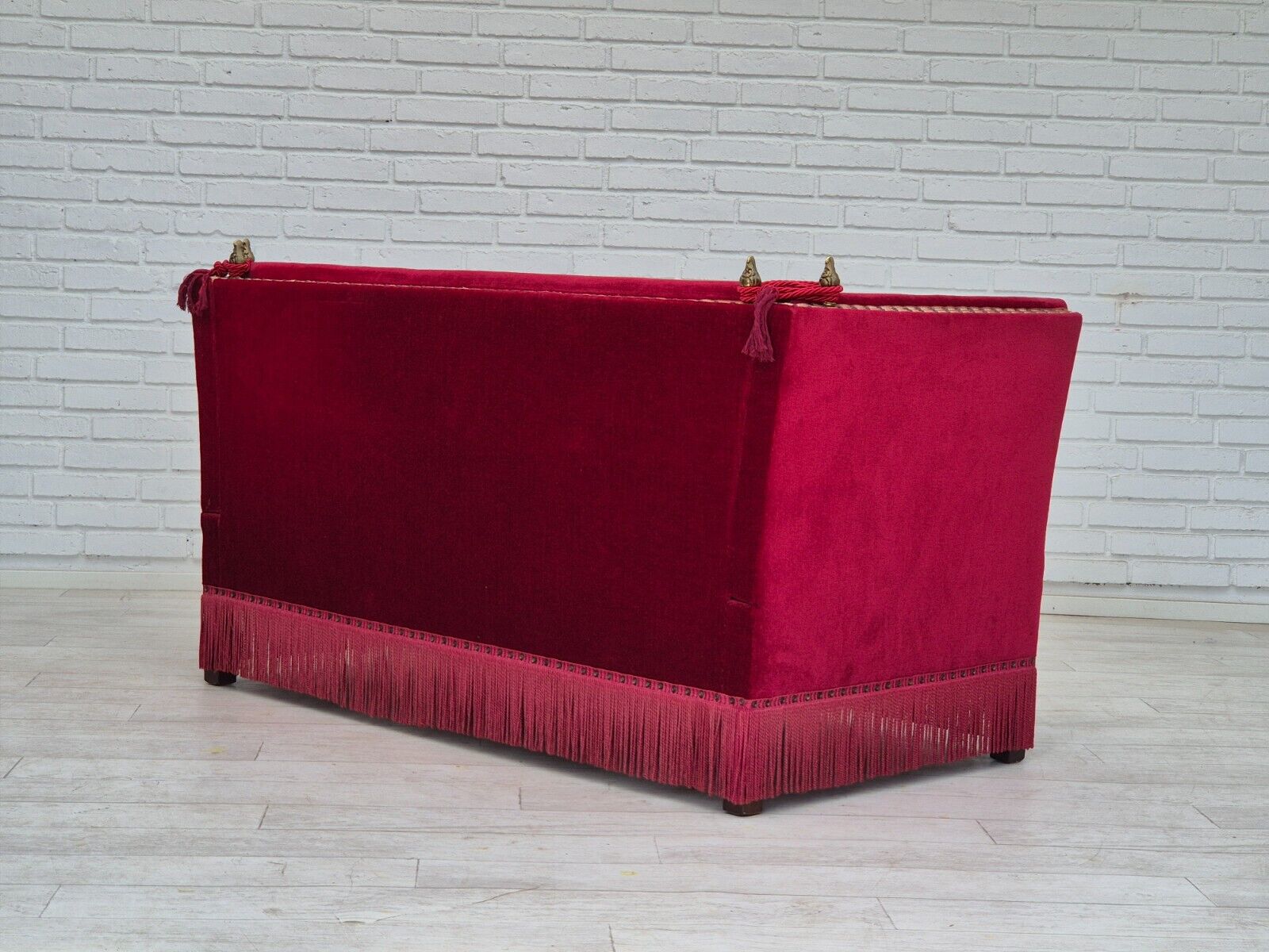 1970s Danish velour 2 seater drop arm sofa cherry-red velour original