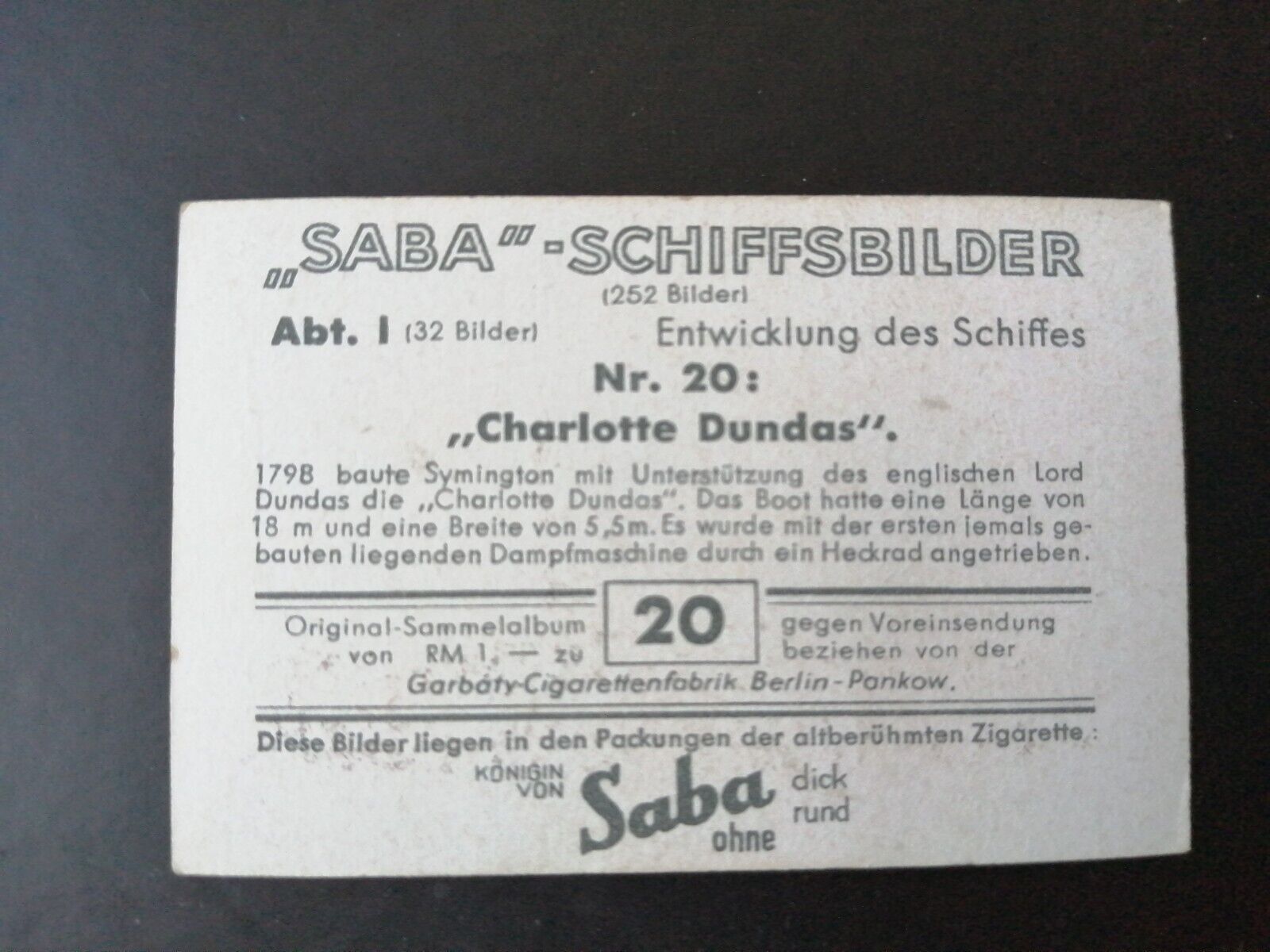 German SABA tobacco ship trading card 1931-33No 20 " Charlotte Dundas" England