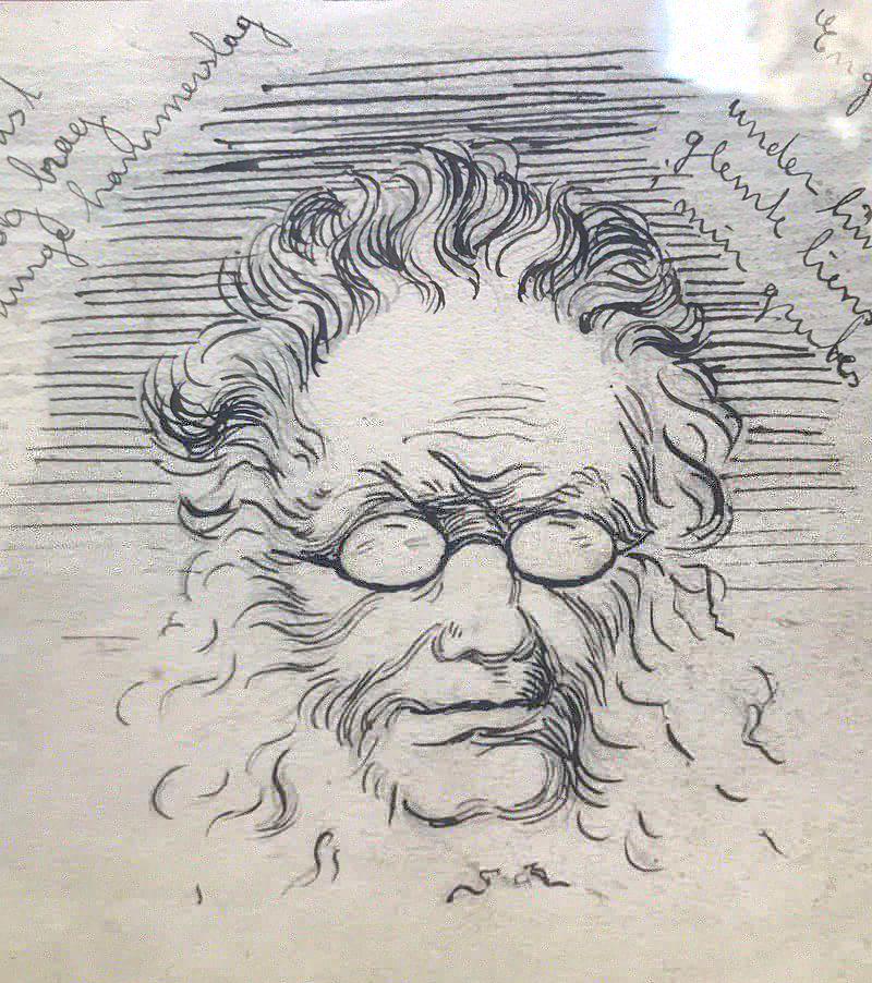 Rare caricature of Henrik Ibsen. With handwritten Poem. Signed and dated 1900.