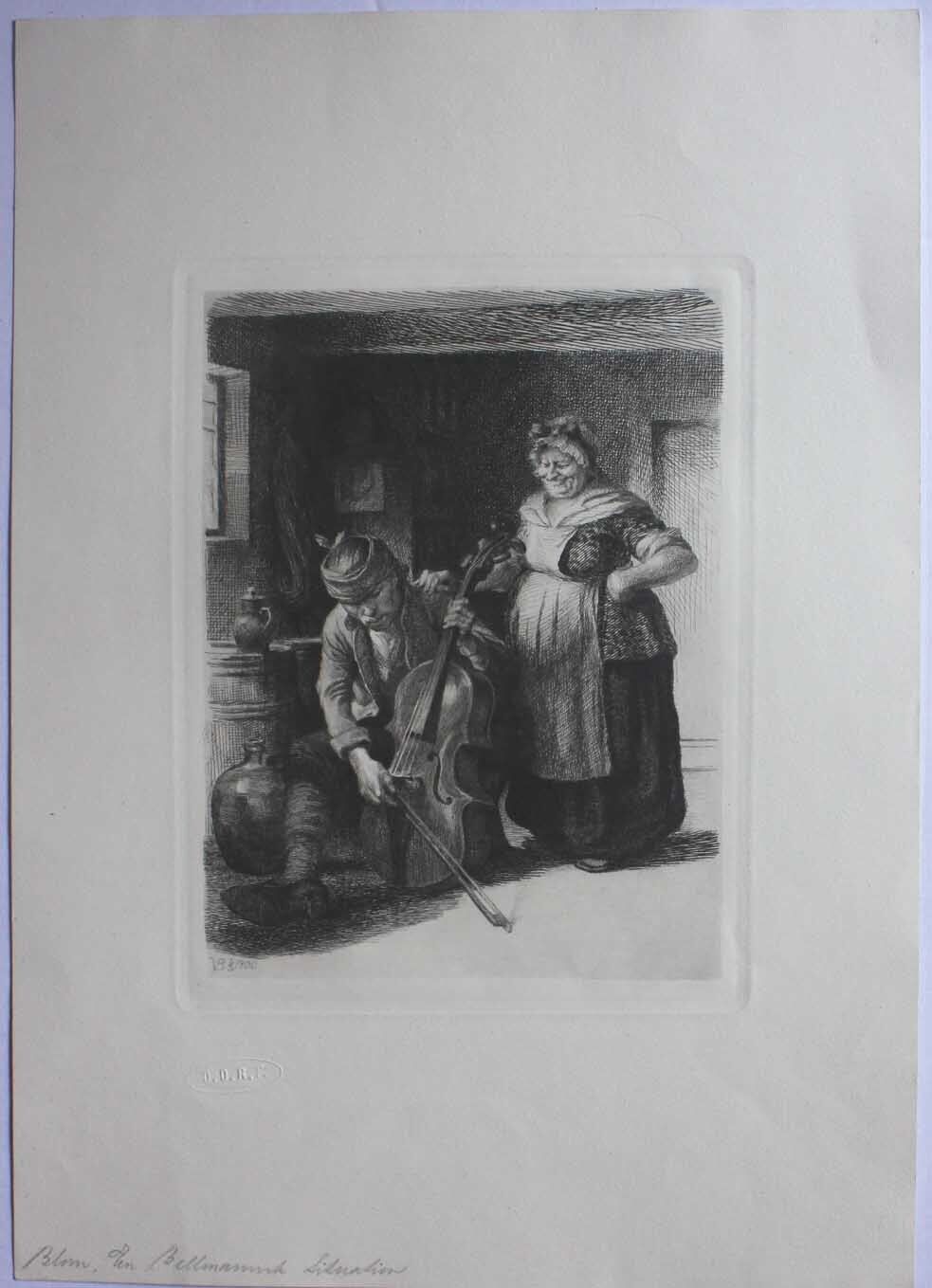 Gustav Vilhelm Blom etching A peasant cello and his wife Dated May 1900