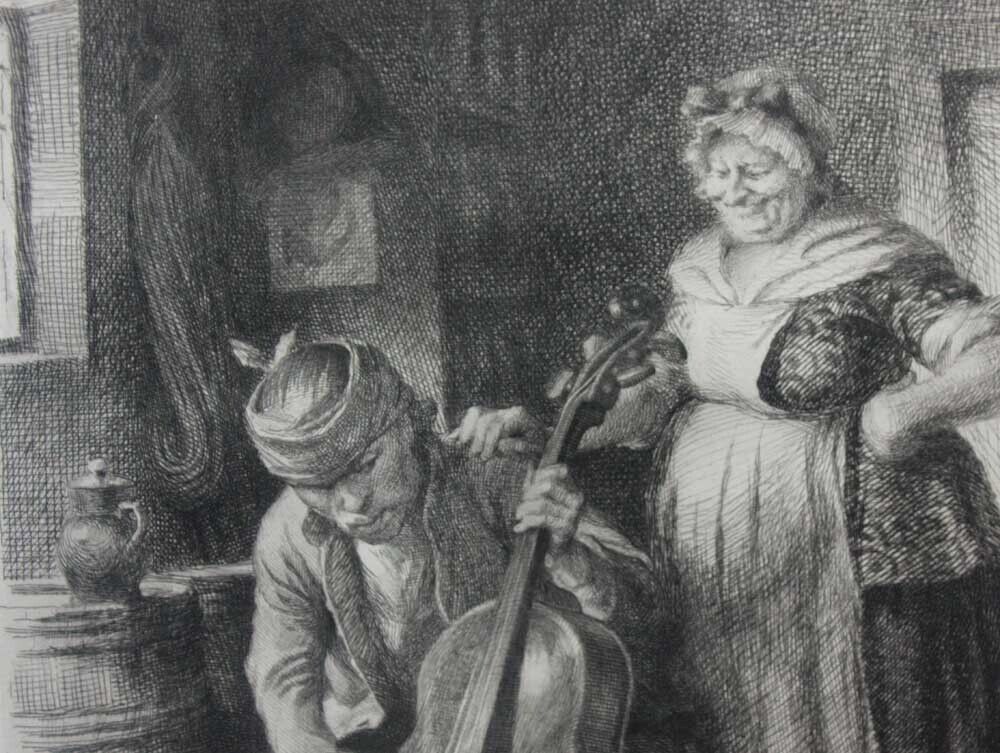 Gustav Vilhelm Blom etching A peasant cello and his wife Dated May 1900