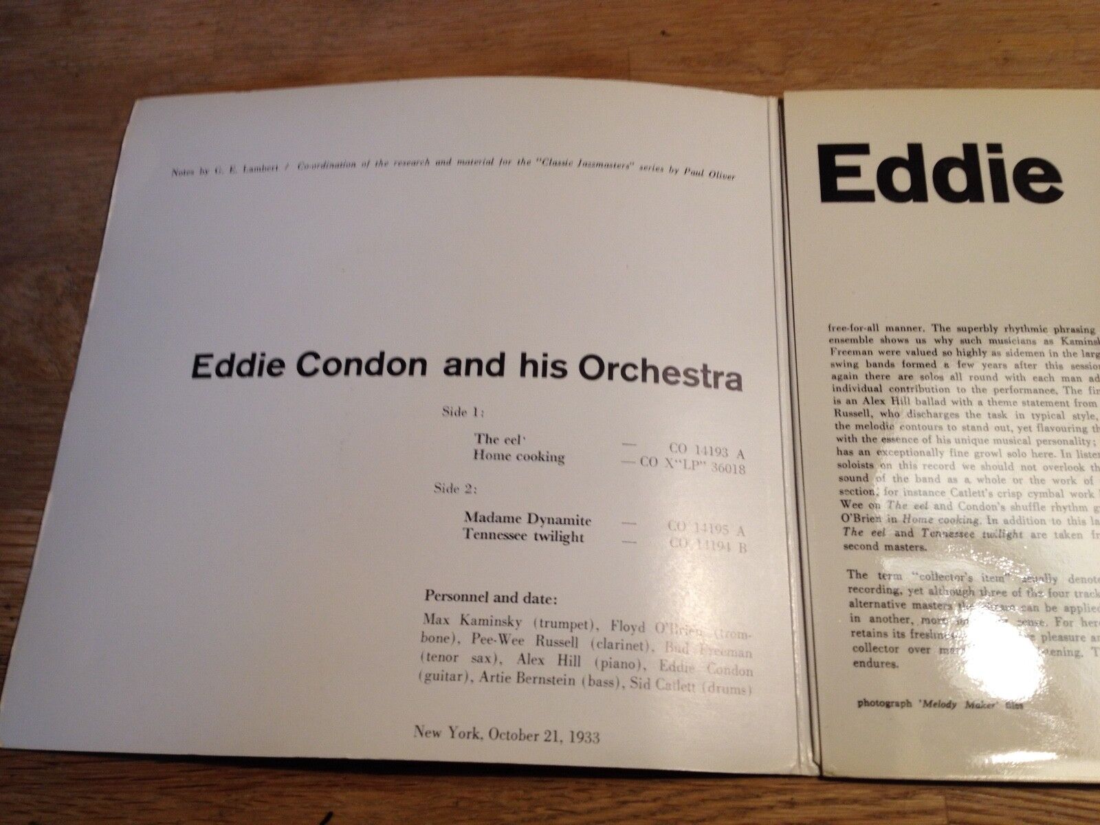 EDDIE CONDON "1933" "THE EEL / HOME COOKING" CLASSIC JAZZ MASTERS SERIES RARE 7"