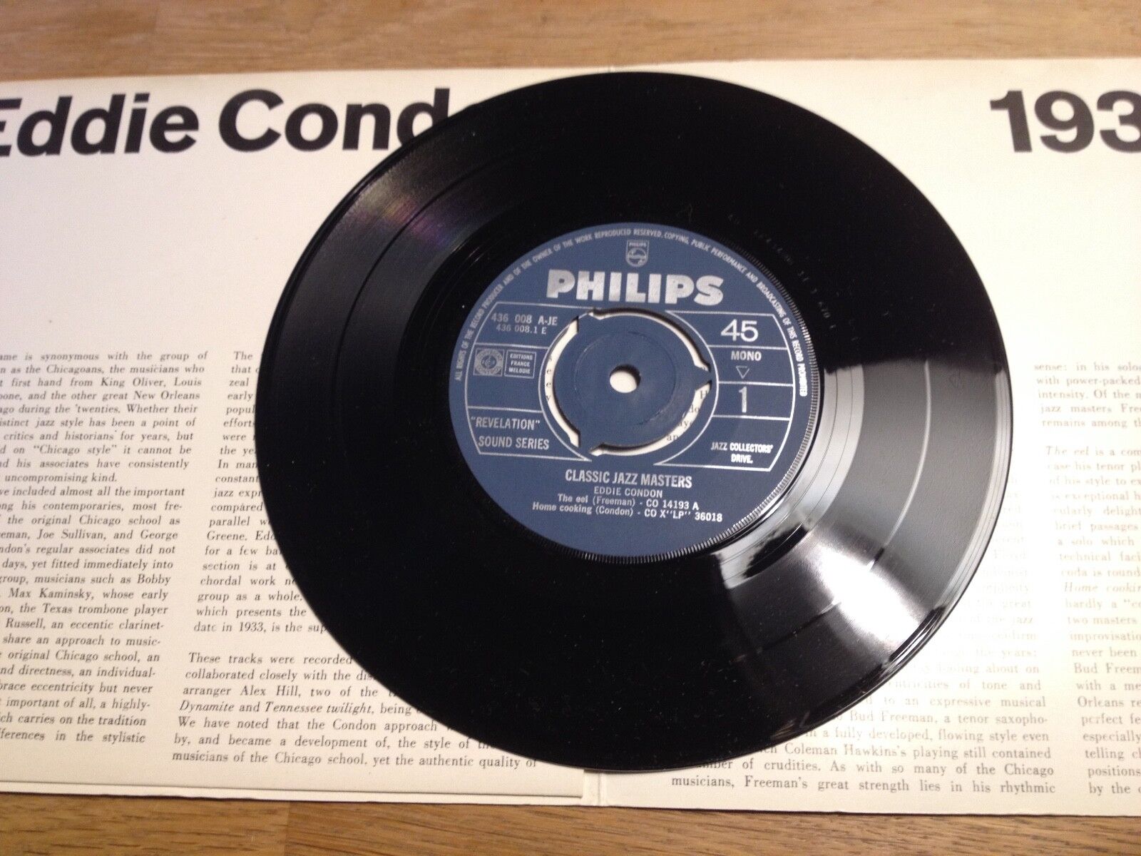 EDDIE CONDON "1933" "THE EEL / HOME COOKING" CLASSIC JAZZ MASTERS SERIES RARE 7"