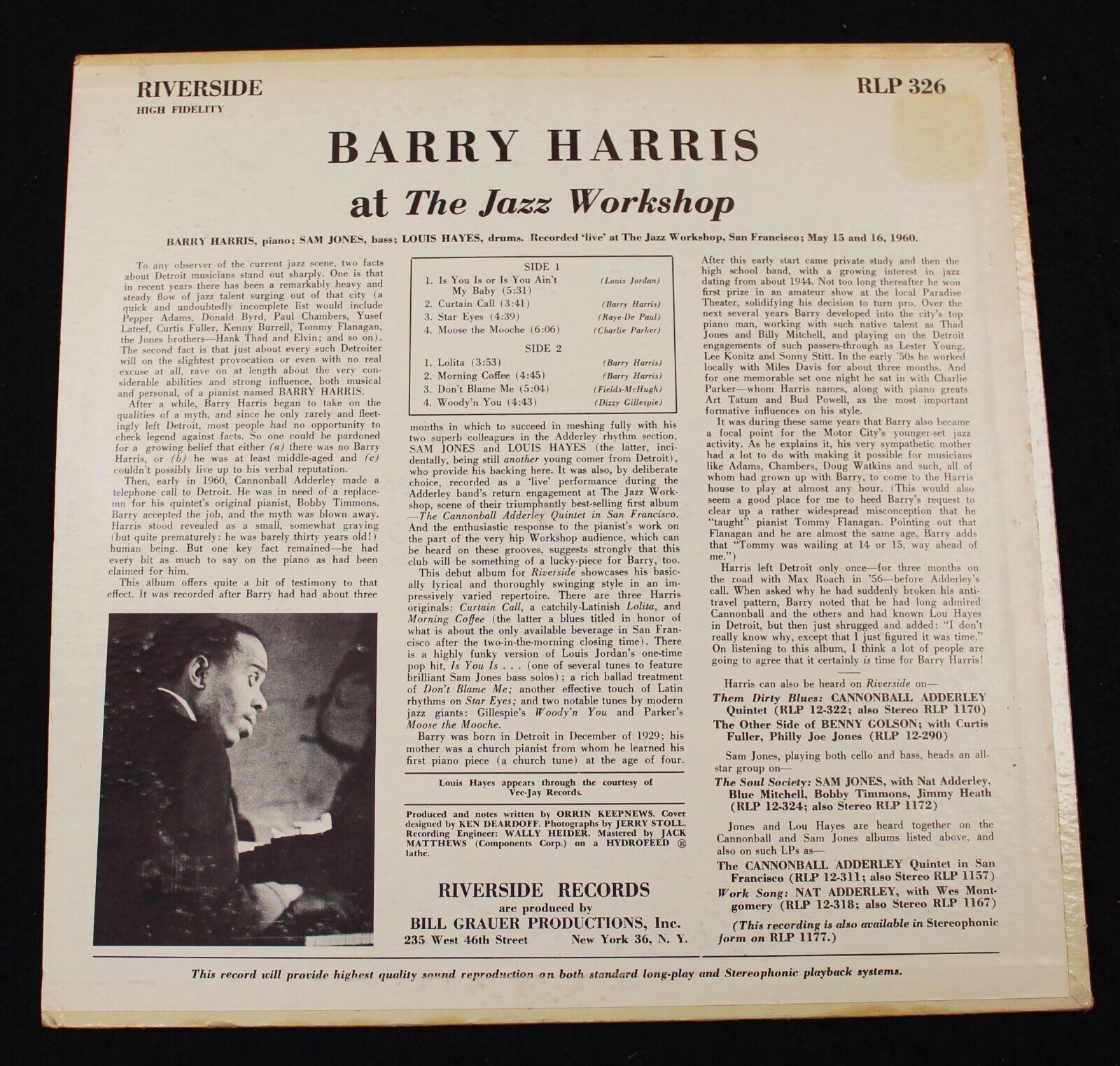 BARRY HARRIS At The Jazz Workshop US orig MONO Riverside Jazz LP *EX+*