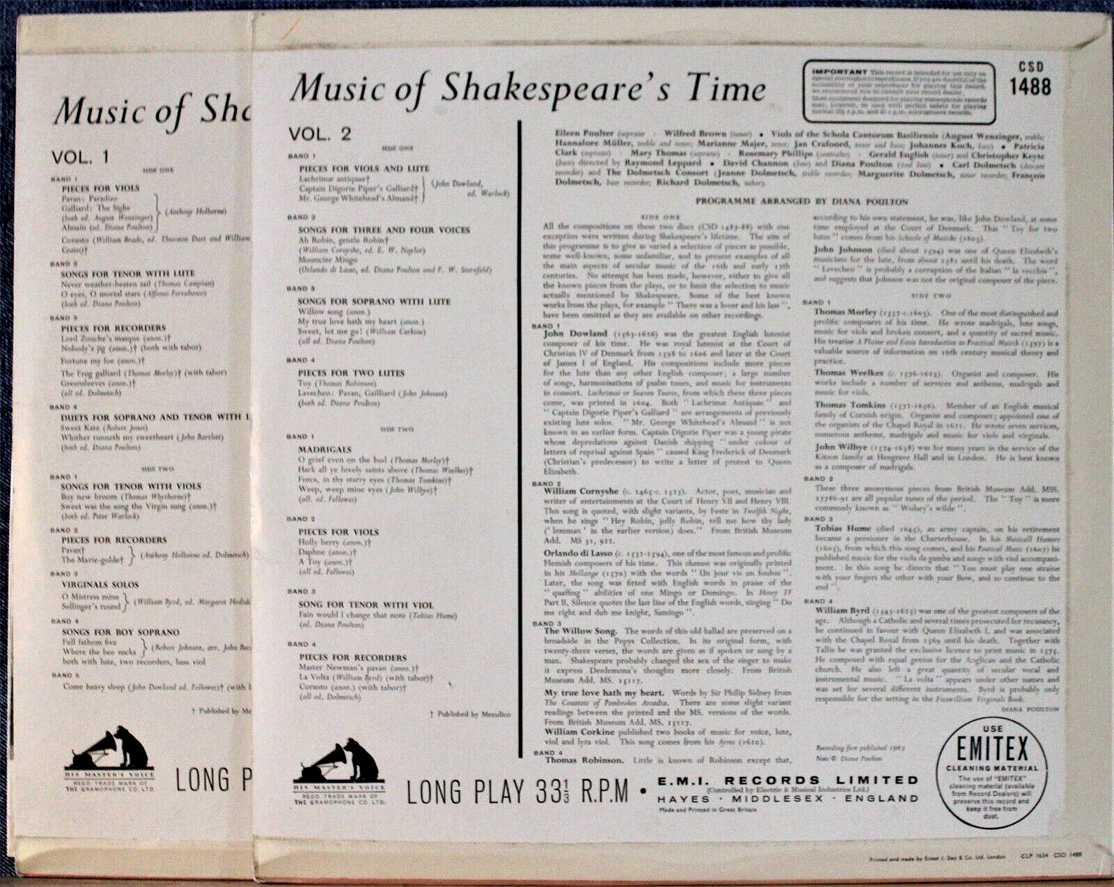 Music of Shakespeare's Time (vocal and instrumental) HMV CSD 1487-8 (2) NM