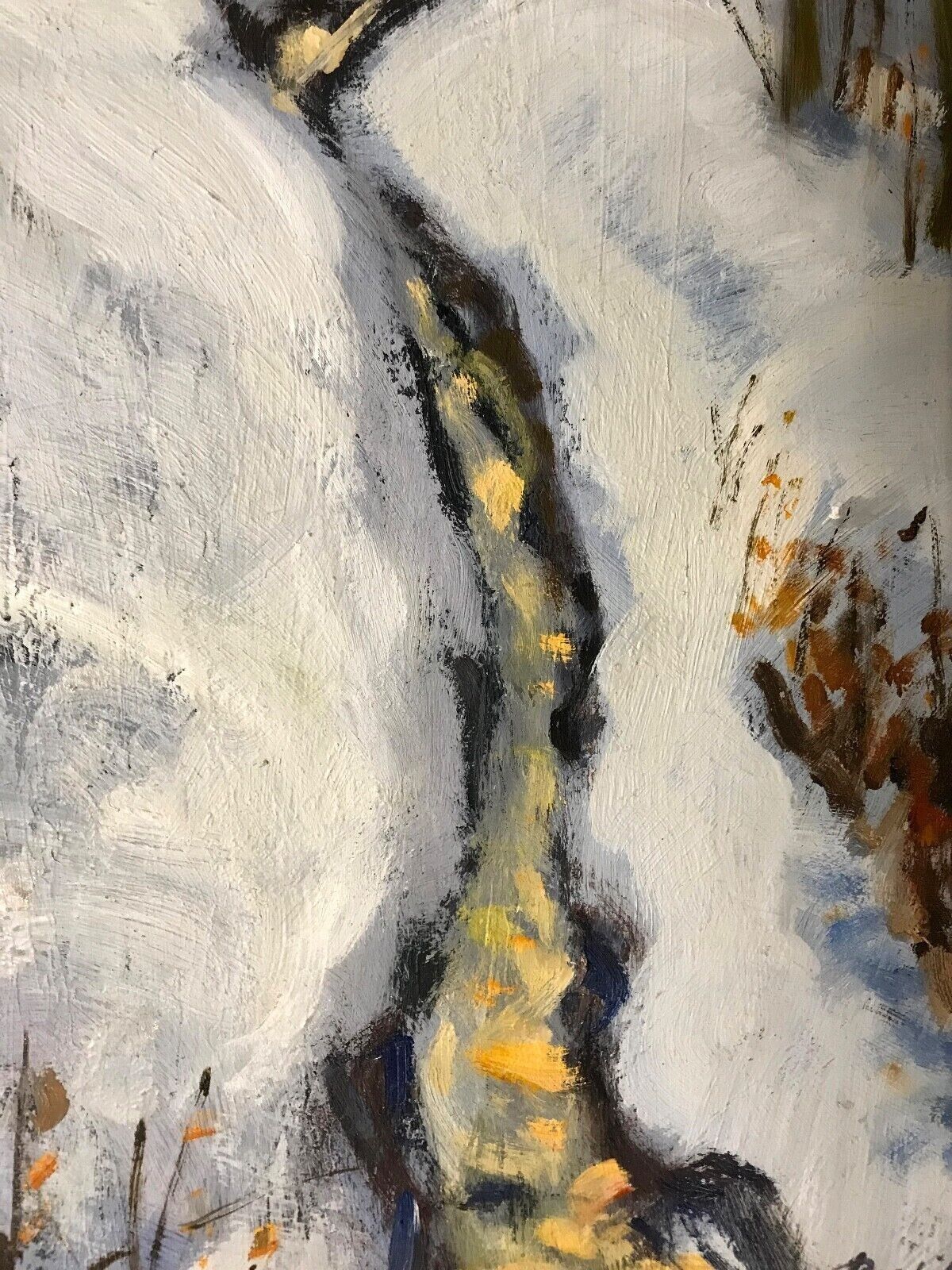 Narrow stream in winter landscape Oil painting