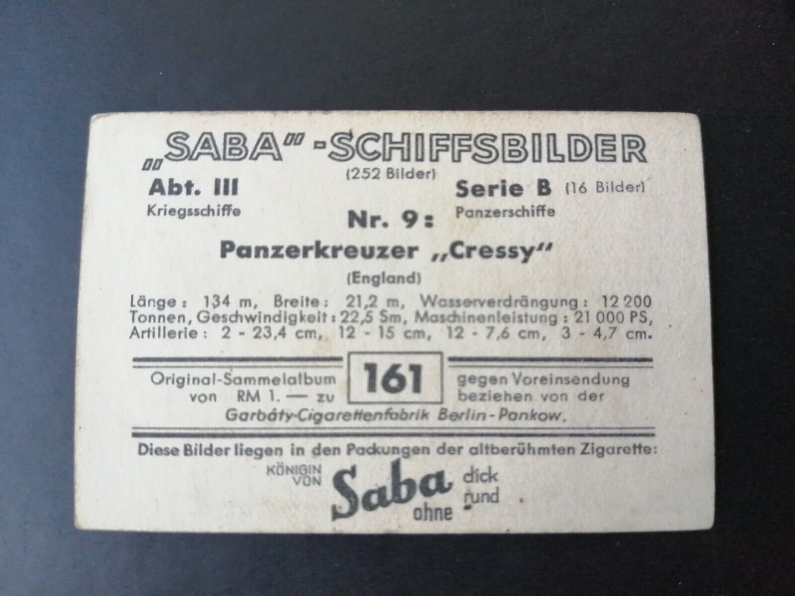 German SABA tobacco ship trading card 1931-33No 161 " Cressy" England