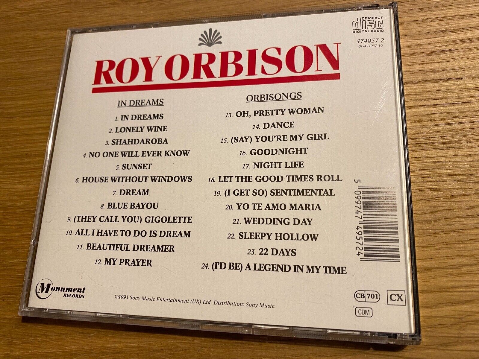 ROY ORBISON "TWO CLASSIC ALBUMS FROM ROY ORBISON" 1993 SONY CD ALBUM 24 TRACK CD