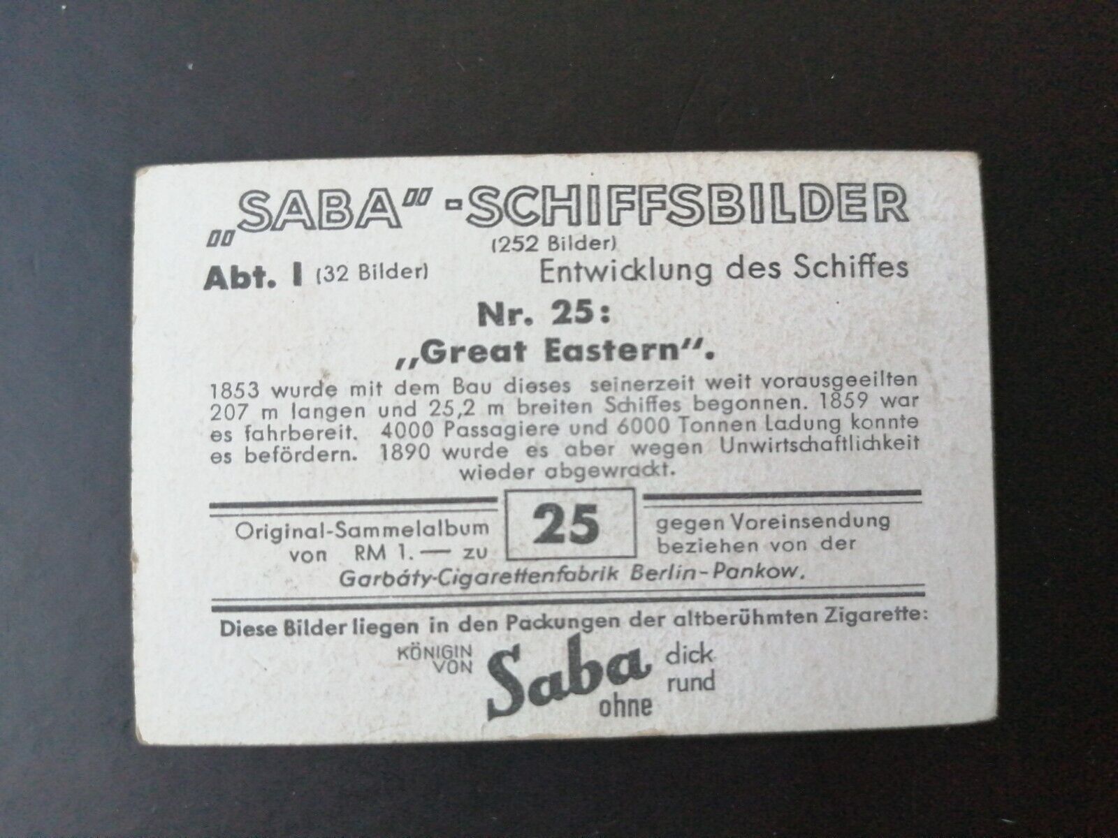 German SABA tobacco ship trading card 1931-33No 25 " Great Eastern" England