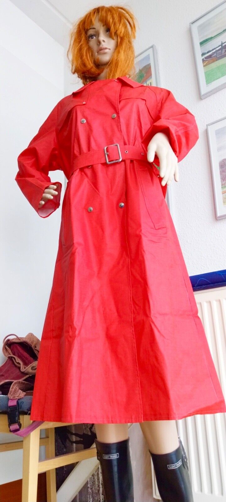 Bormax Red PVC Rain coat Rubber coat rain jacket latex catsuit raincoat rubber