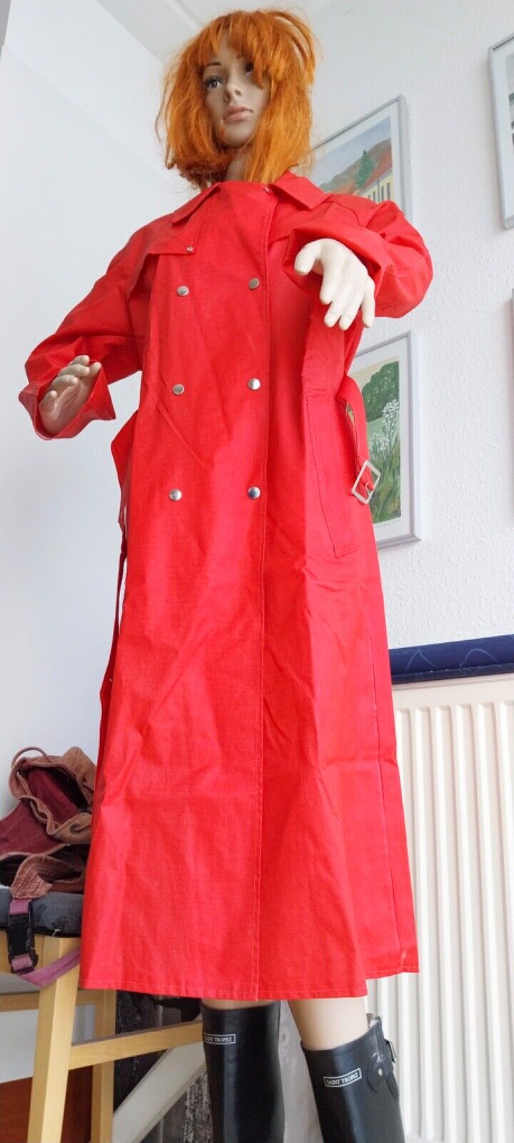 Bormax Red PVC Rain coat Rubber coat rain jacket latex catsuit raincoat rubber