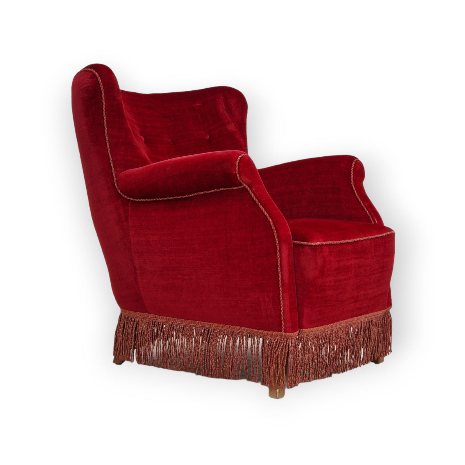 1960s Danish vintage armchair in cherry-red velvet