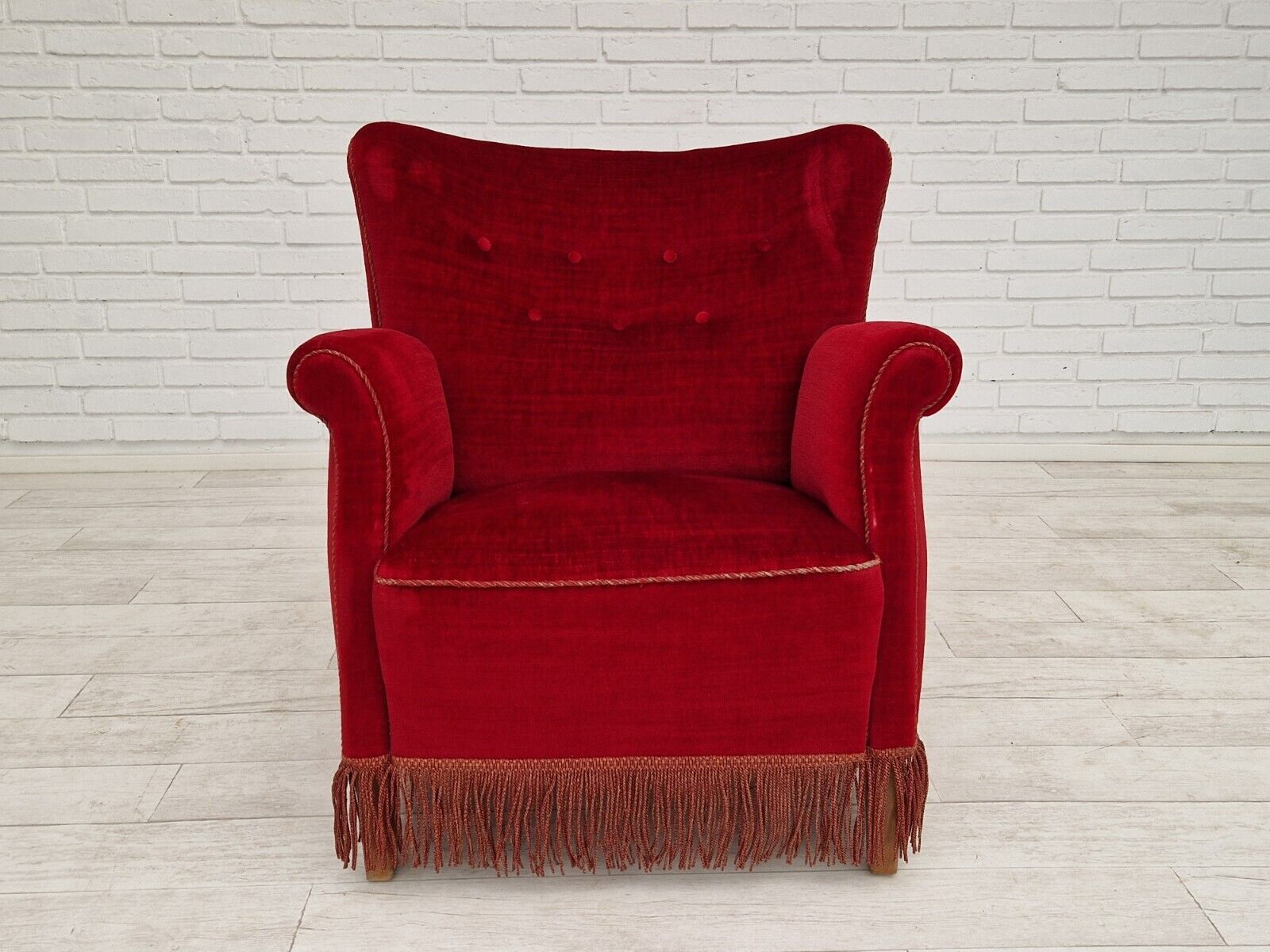 1960s Danish vintage armchair in cherry-red velvet