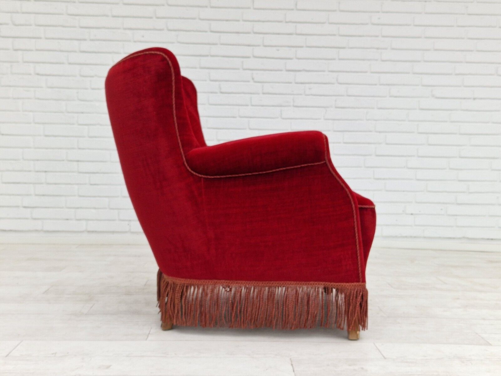 1960s Danish vintage armchair in cherry-red velvet