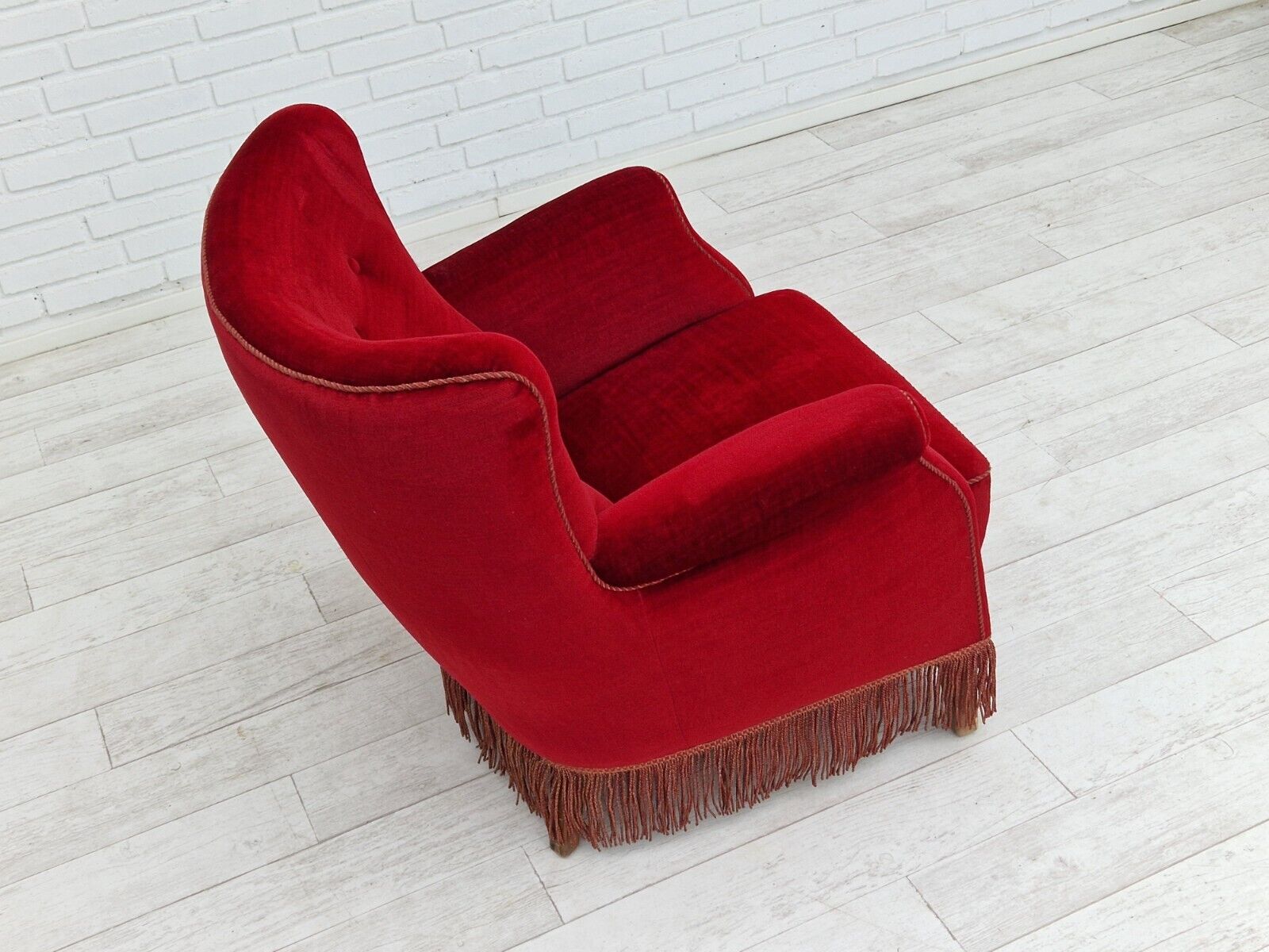 1960s Danish vintage armchair in cherry-red velvet