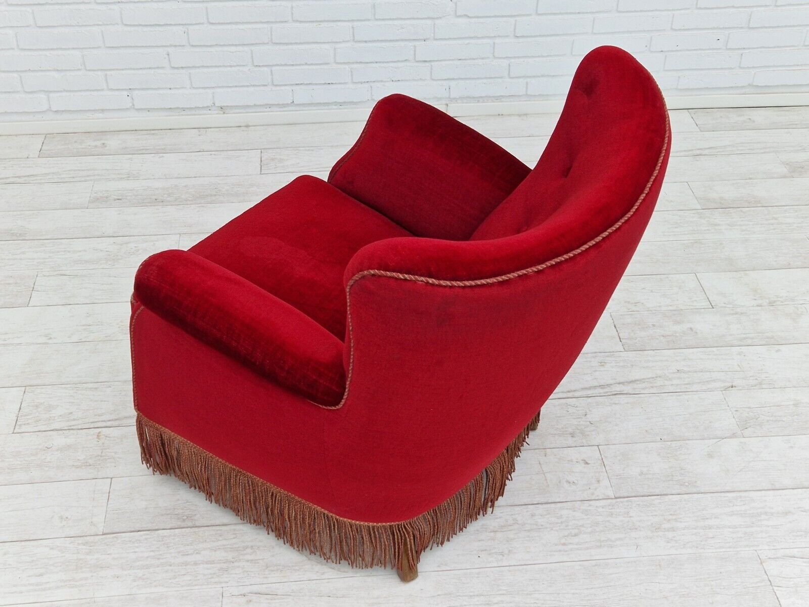 1960s Danish vintage armchair in cherry-red velvet