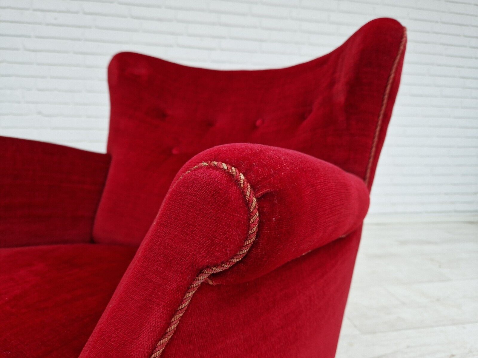 1960s Danish vintage armchair in cherry-red velvet