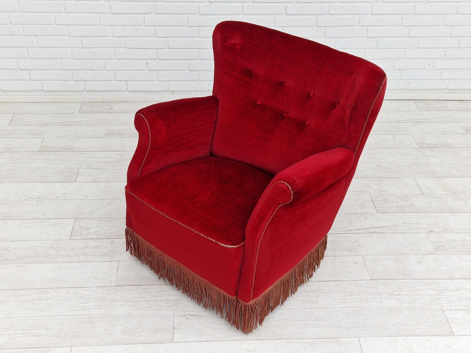 1960s Danish vintage armchair in cherry-red velvet