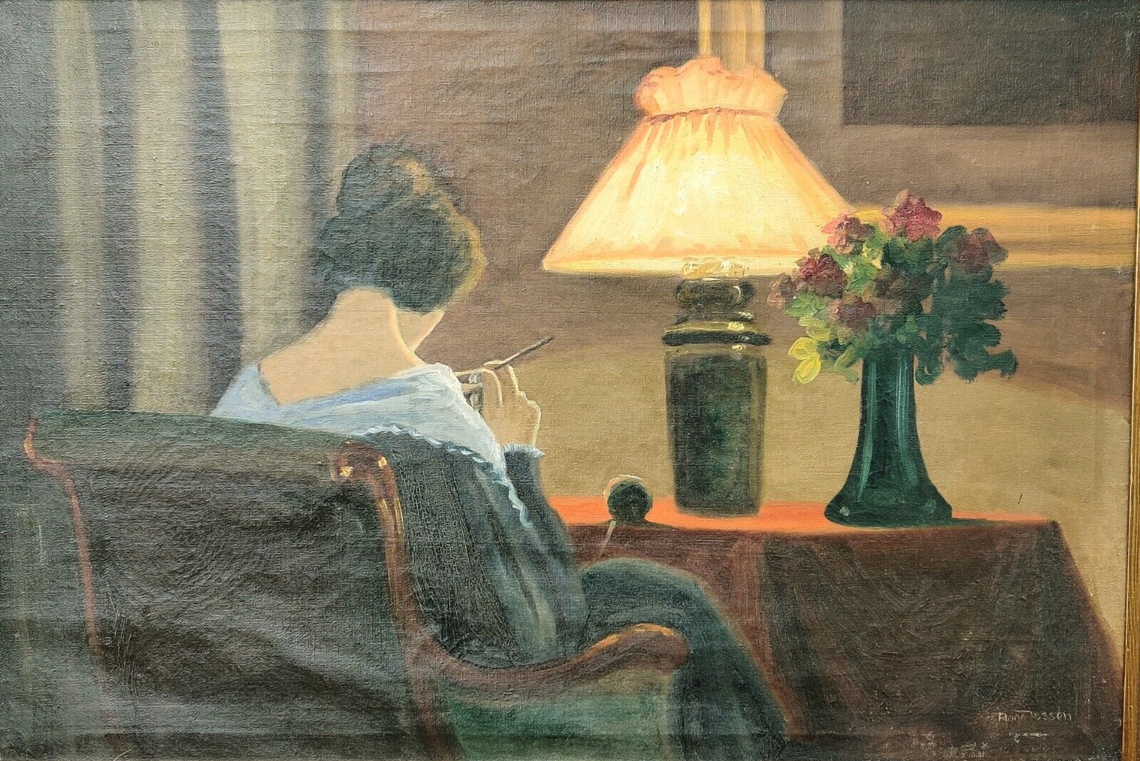 Aage Jessen (1876-1961): YOUNG WOMAN KNITTING IN LAMP LIGHT