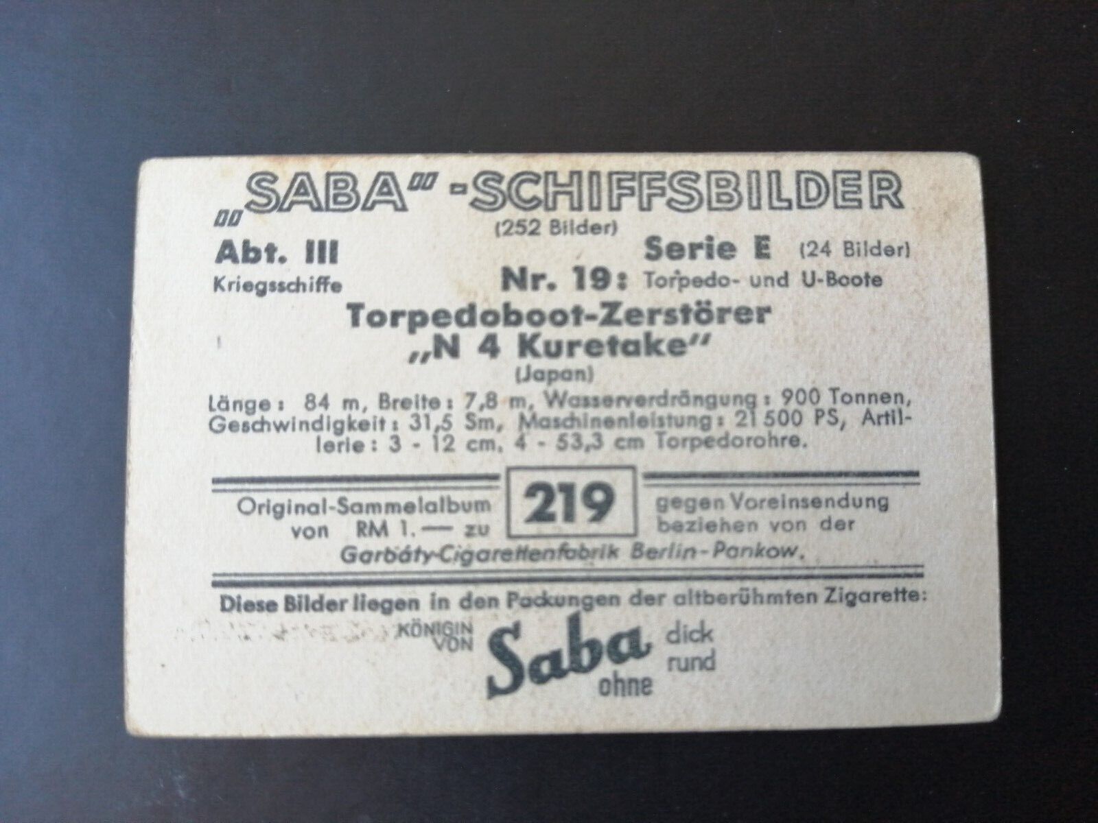 German SABA tobacco ship trading card 1931-33No 219"N-4 Kuretake" Japan