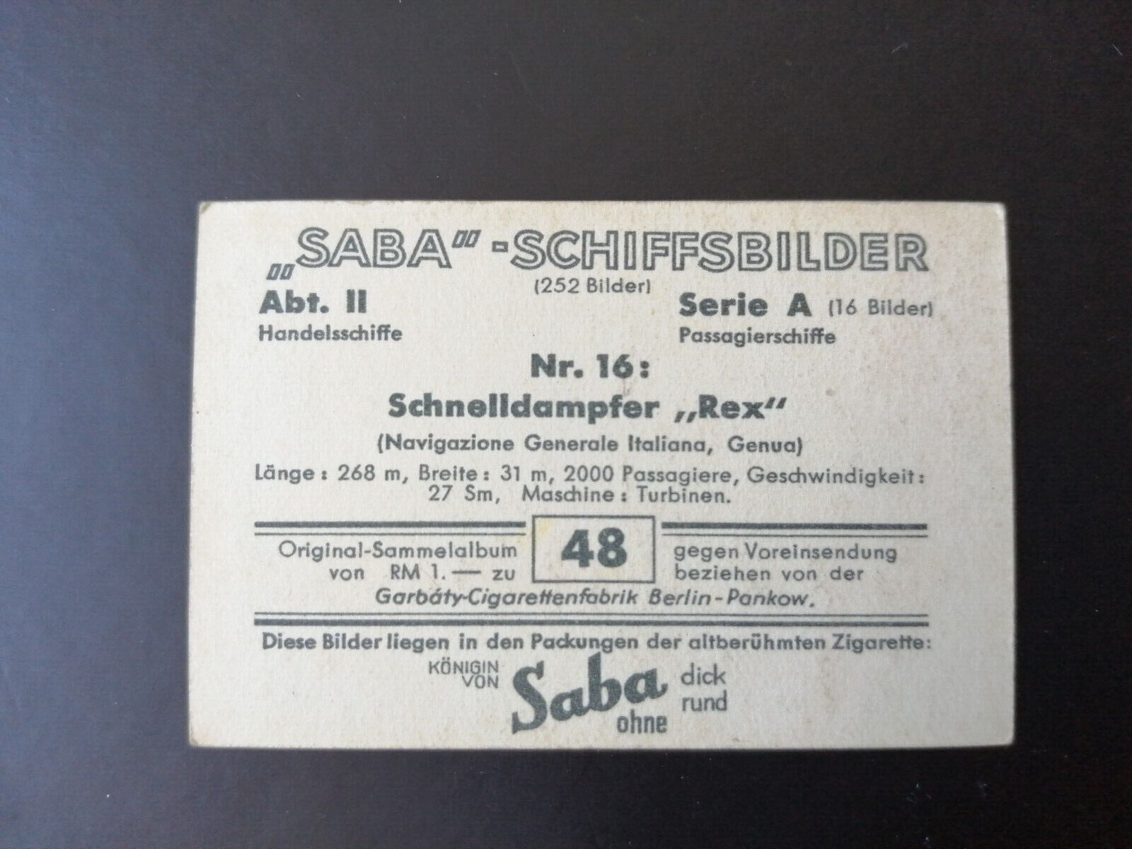 German SABA tobacco ship trading card 1931-33No 48Schnelldampfer "Rex" Italy