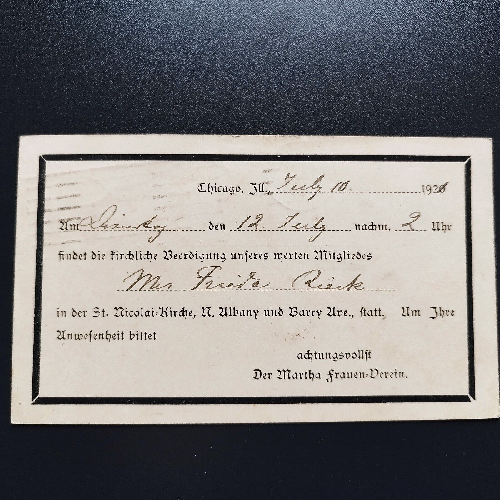 Funeral Invitation Chicago 1921