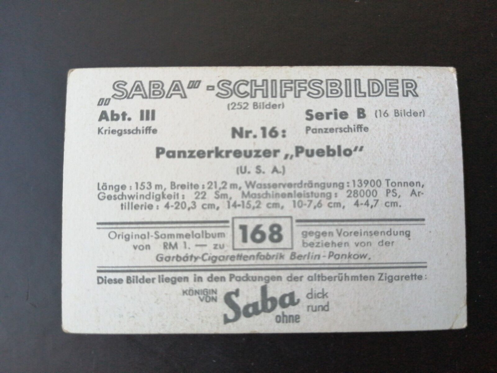 German SABA tobacco ship trading card 1931-33No 168 Panzerkreuzer "Pueblo" USA