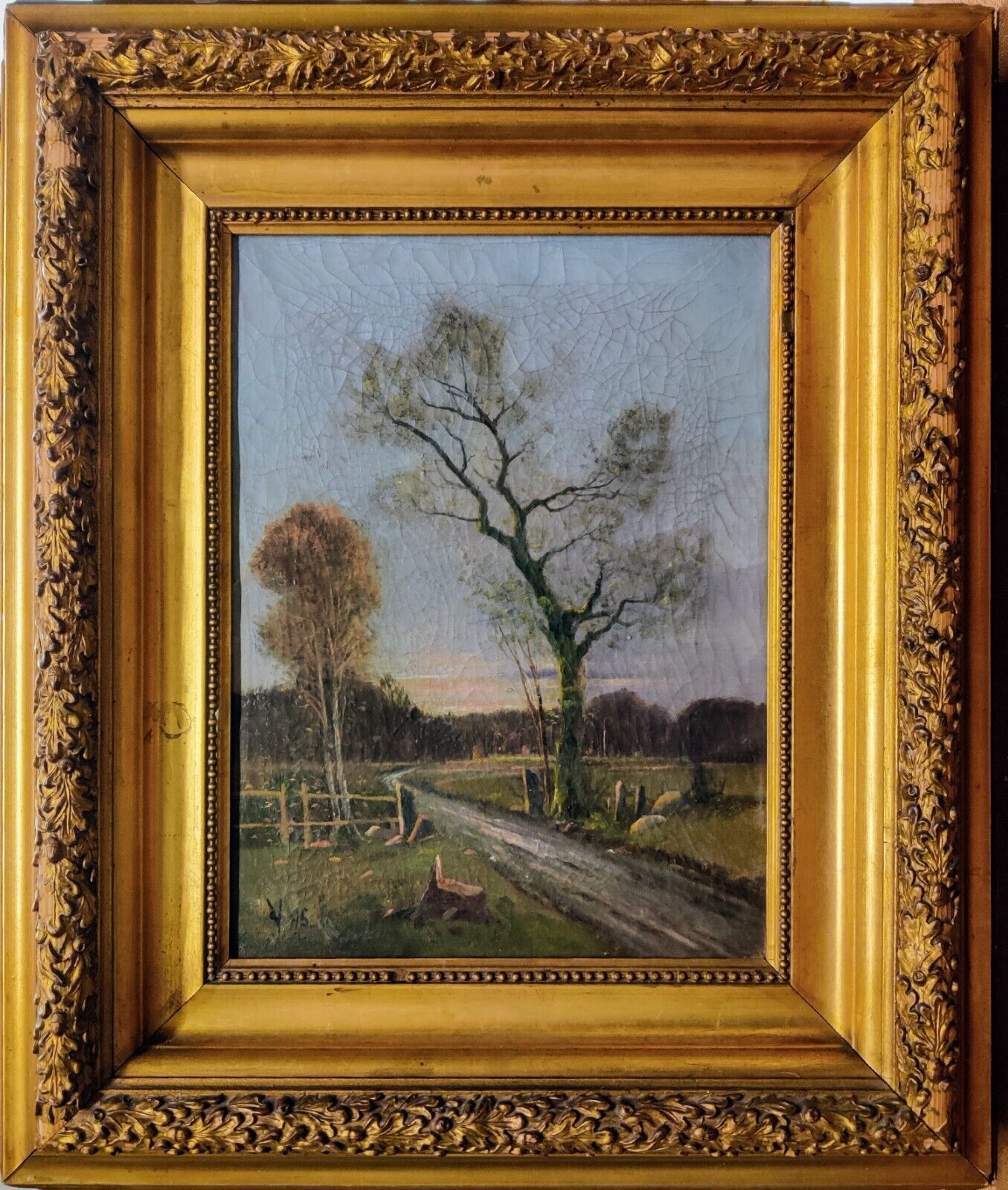 OLD TREE AT DIRT ROAD original vintage oil painting from 1895