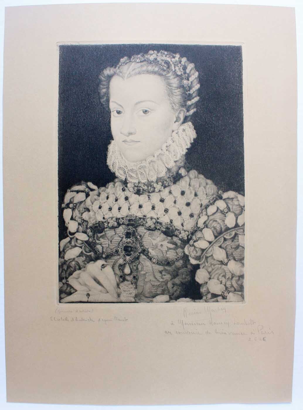 Renee Martin etching Elisabeth of Austria Queen of France aft Clouet 1946