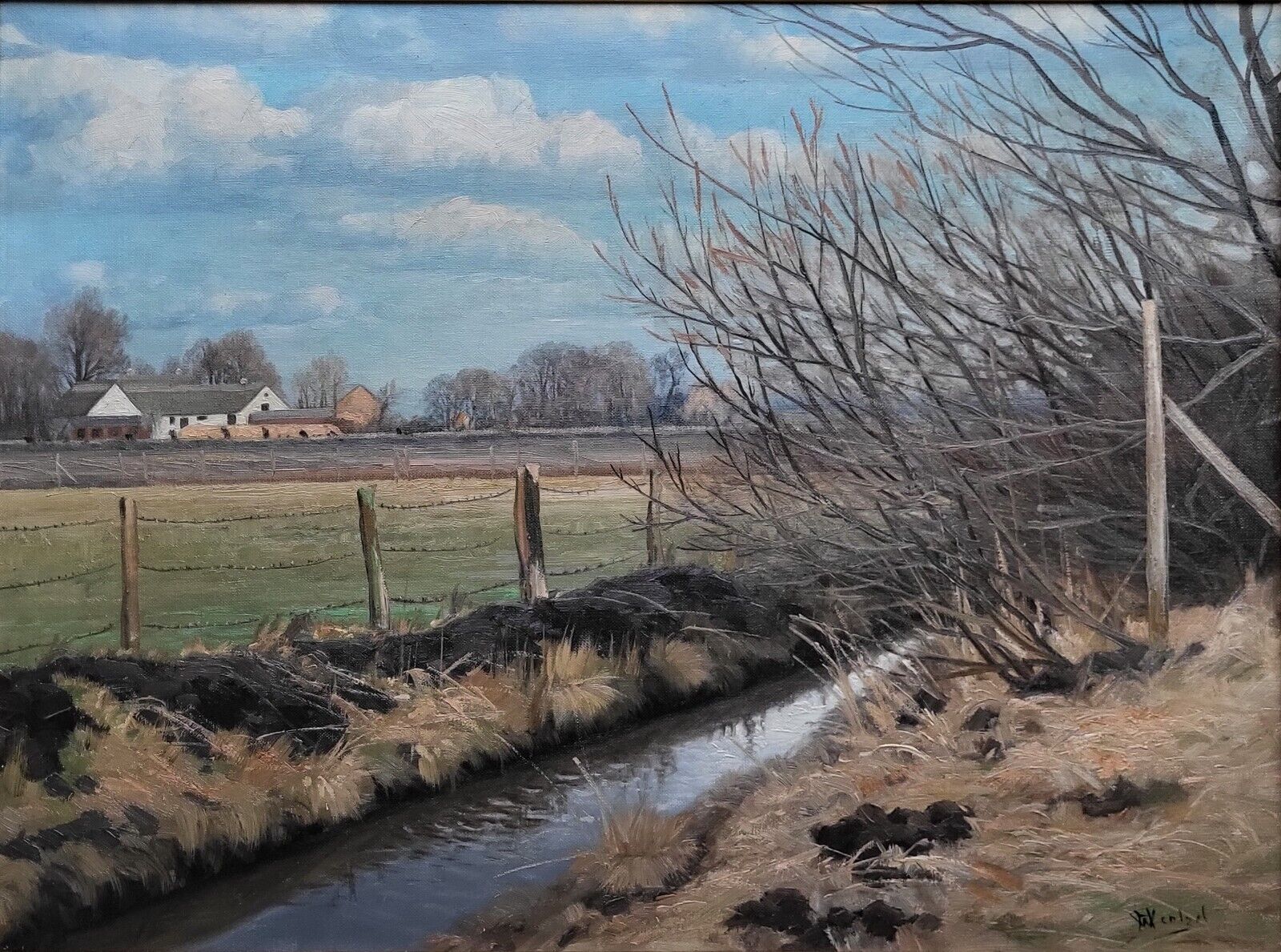 Oil painting Harald Wentzel(1897-1961):”Farmland and a creek”