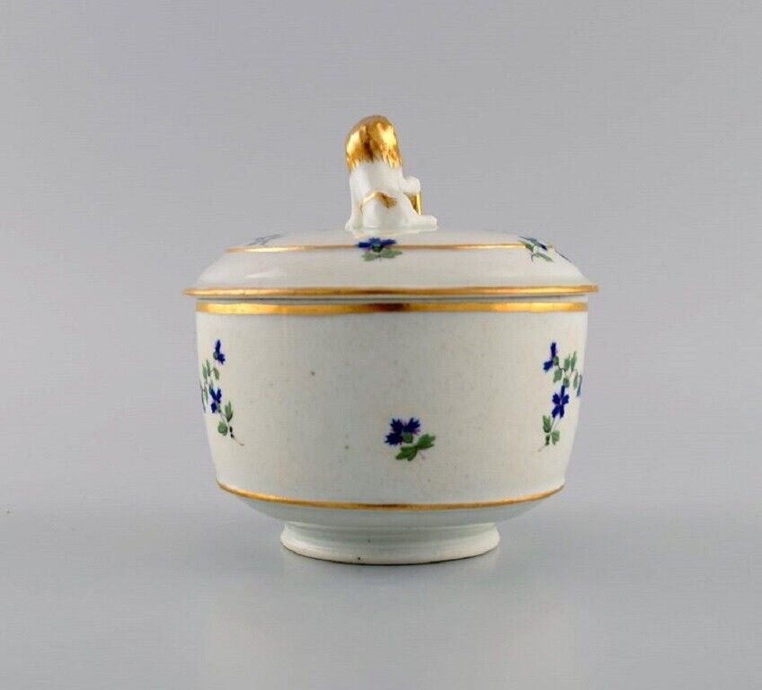 Antique German sugar bowl in hand-painted porcelain with flowers and gold edges