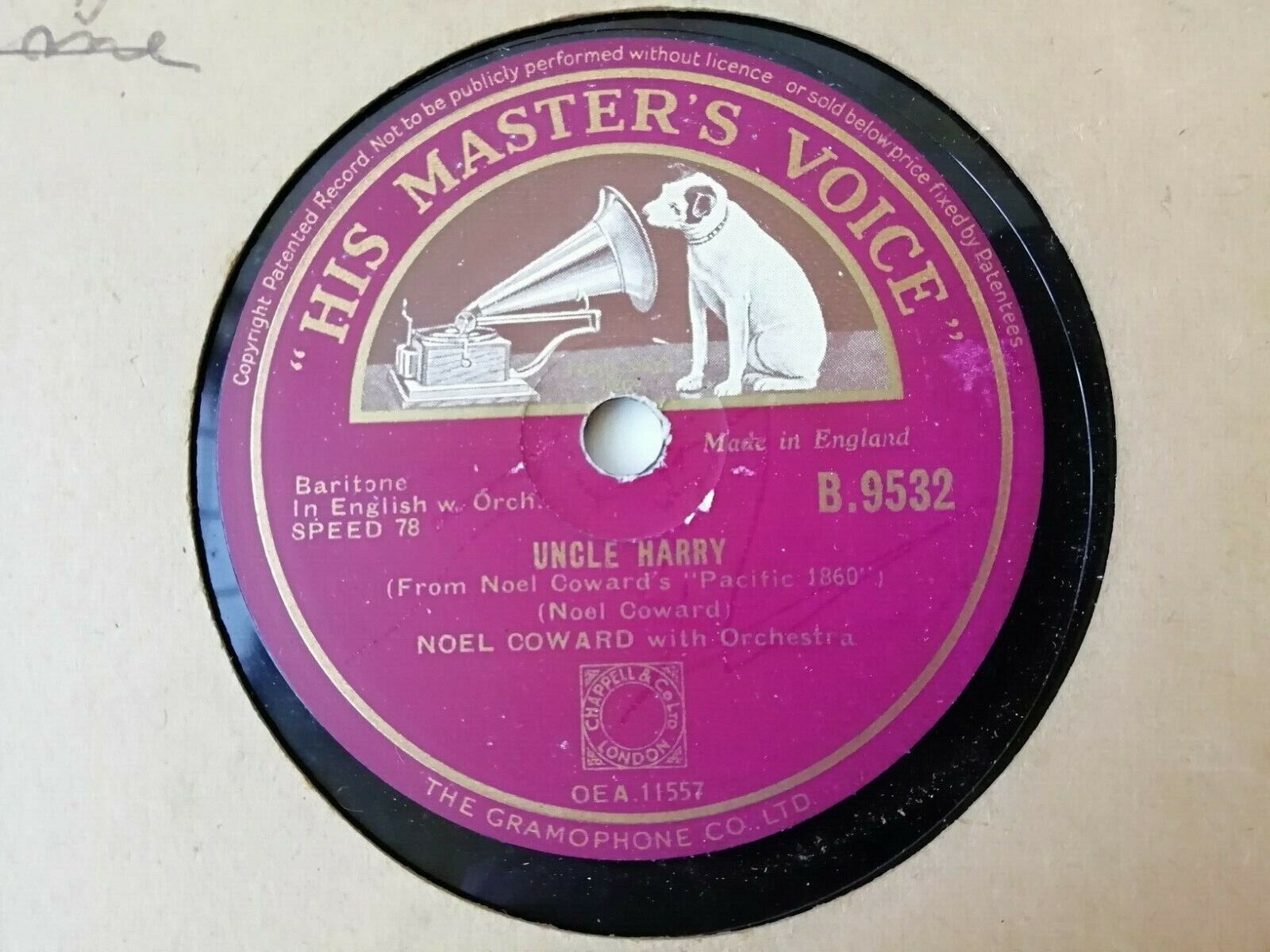 78 rpm :Noel Coward worchestraUncle HarryThis Is A Changing WorldHMC B9532