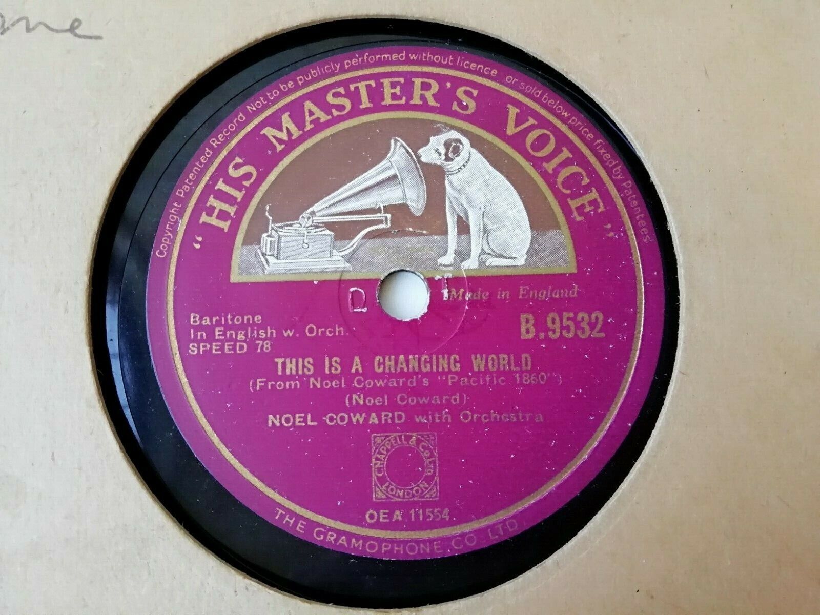 78 rpm :Noel Coward worchestraUncle HarryThis Is A Changing WorldHMC B9532