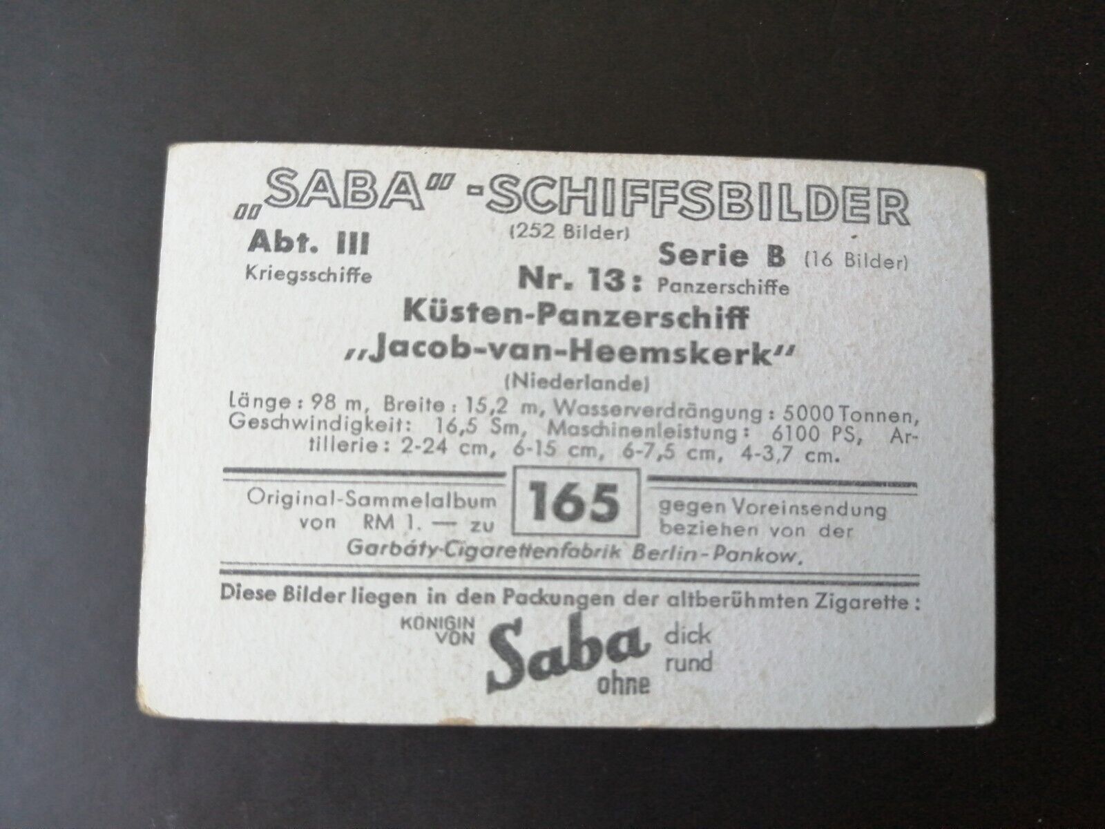 German SABA tobacco ship trading card 1931-33No 165 "Jacob-van-Heemskerk" NL