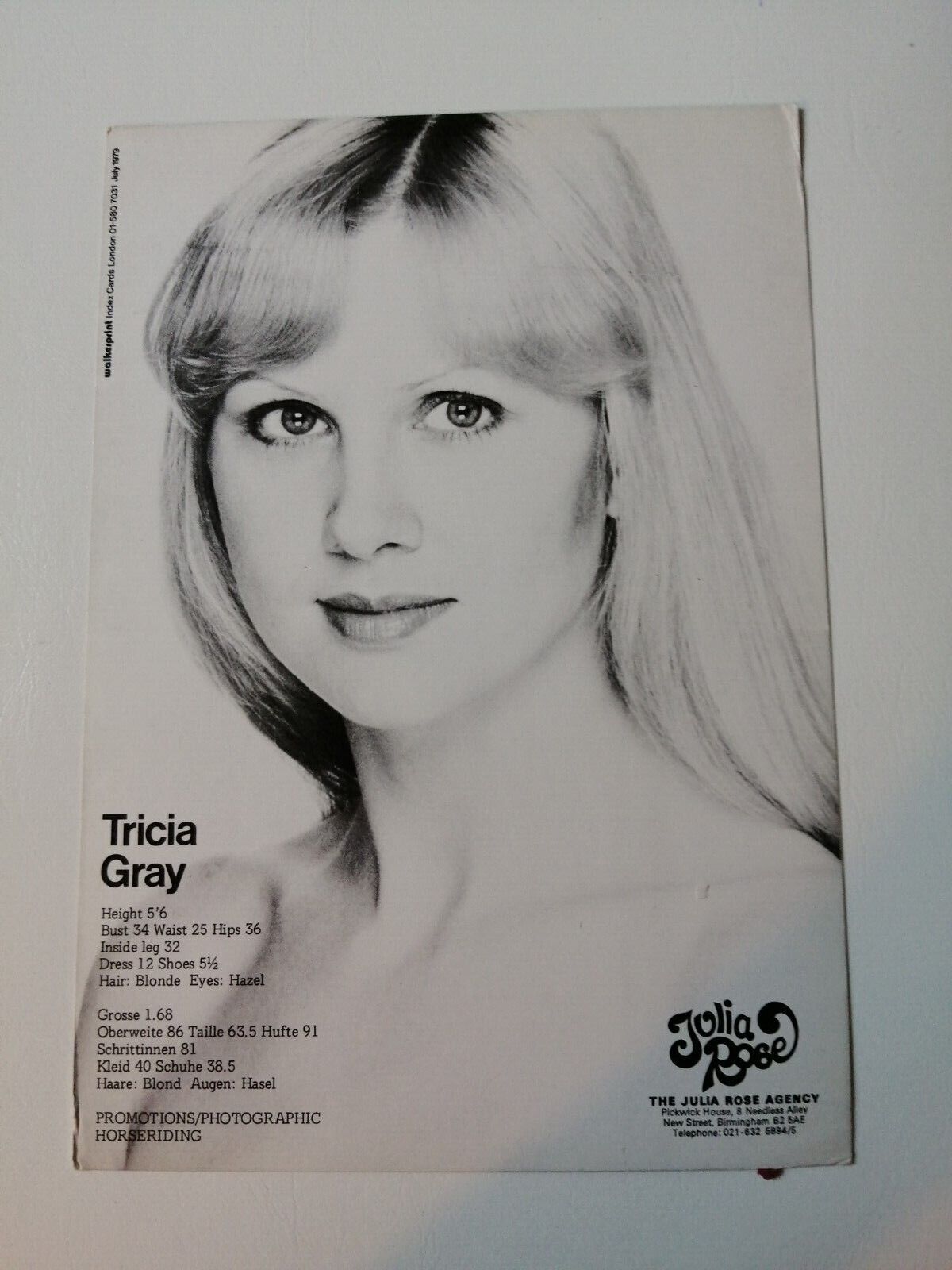 Vintage  English  model comp card from 1970s/1980s Tricia Gray