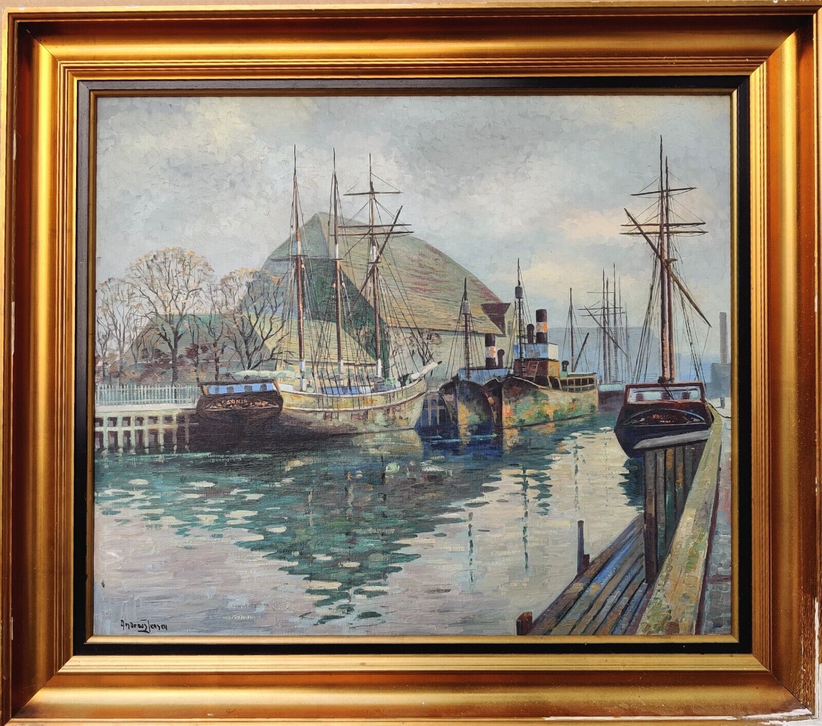 Andreas Jensen (1888-1959): BOATS IN CITY CANAL, original oil painting.