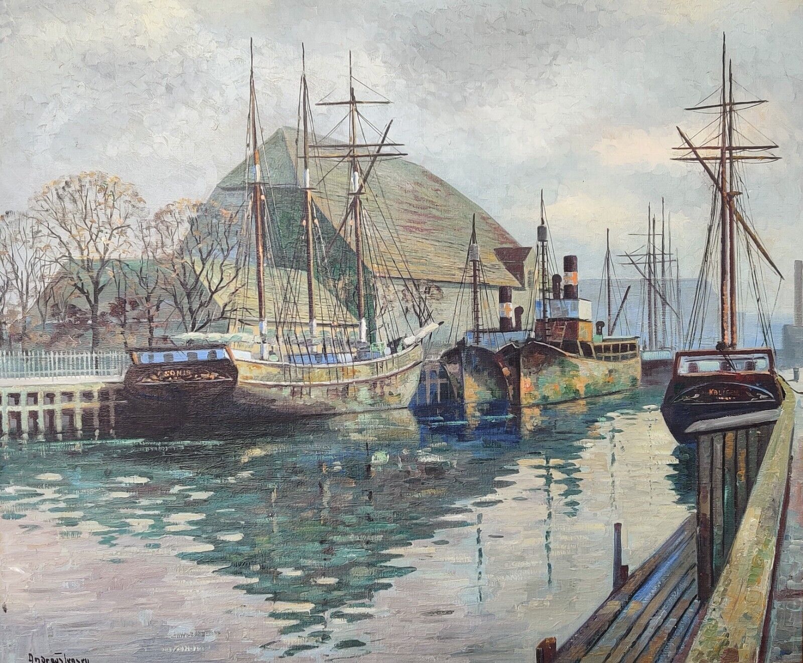 Andreas Jensen (1888-1959): BOATS IN CITY CANAL, original oil painting.