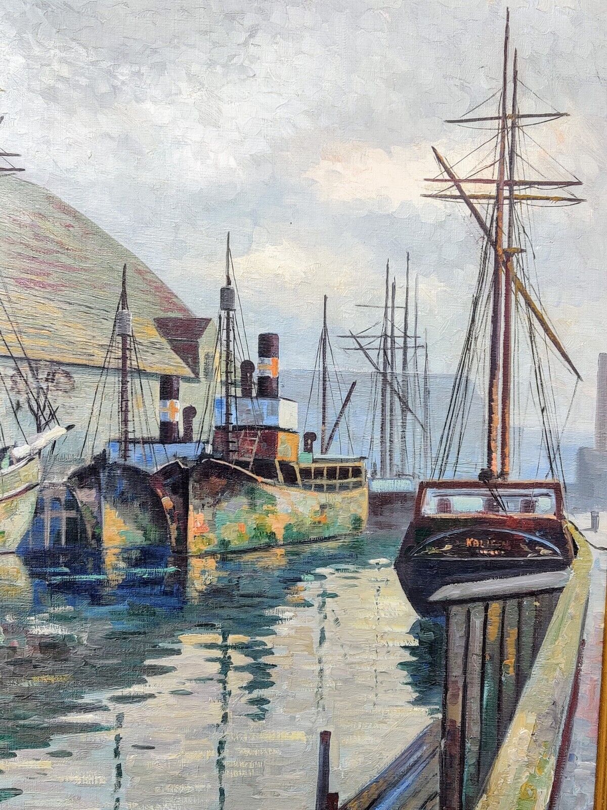 Andreas Jensen (1888-1959): BOATS IN CITY CANAL, original oil painting.