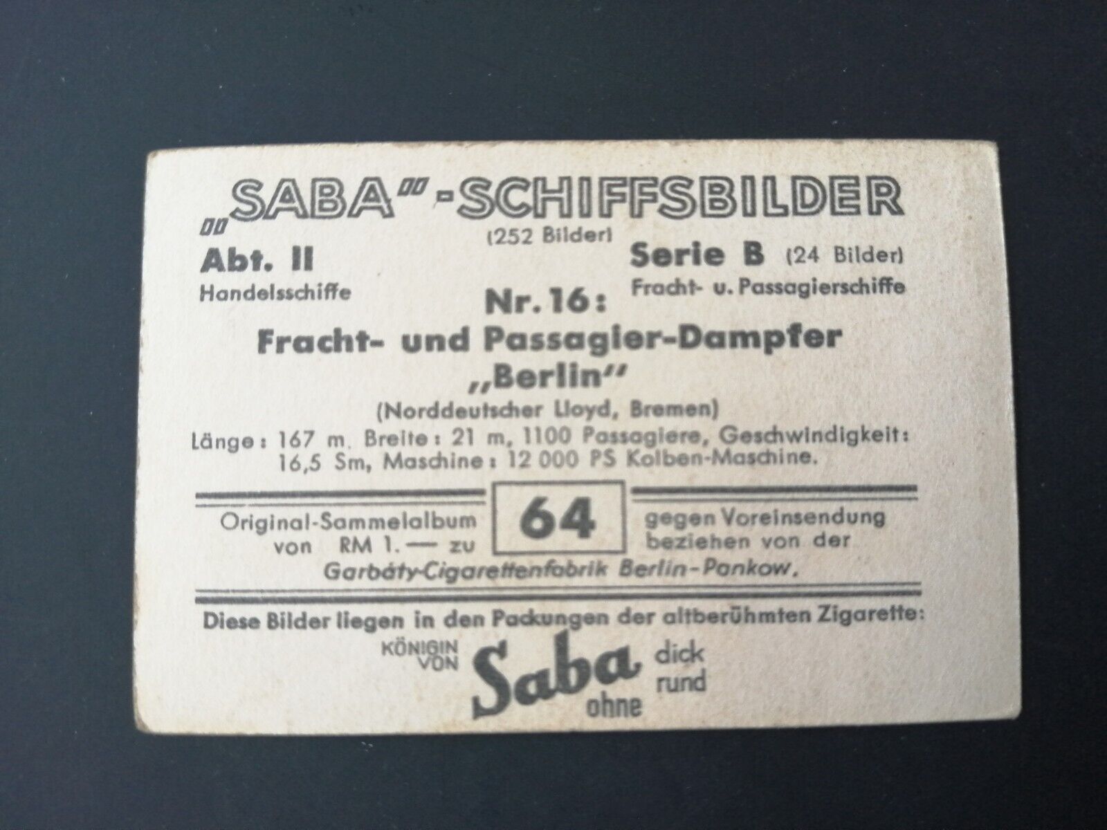 German SABA tobacco ship trading card 1931-33No 64 "Berlin" Freighter