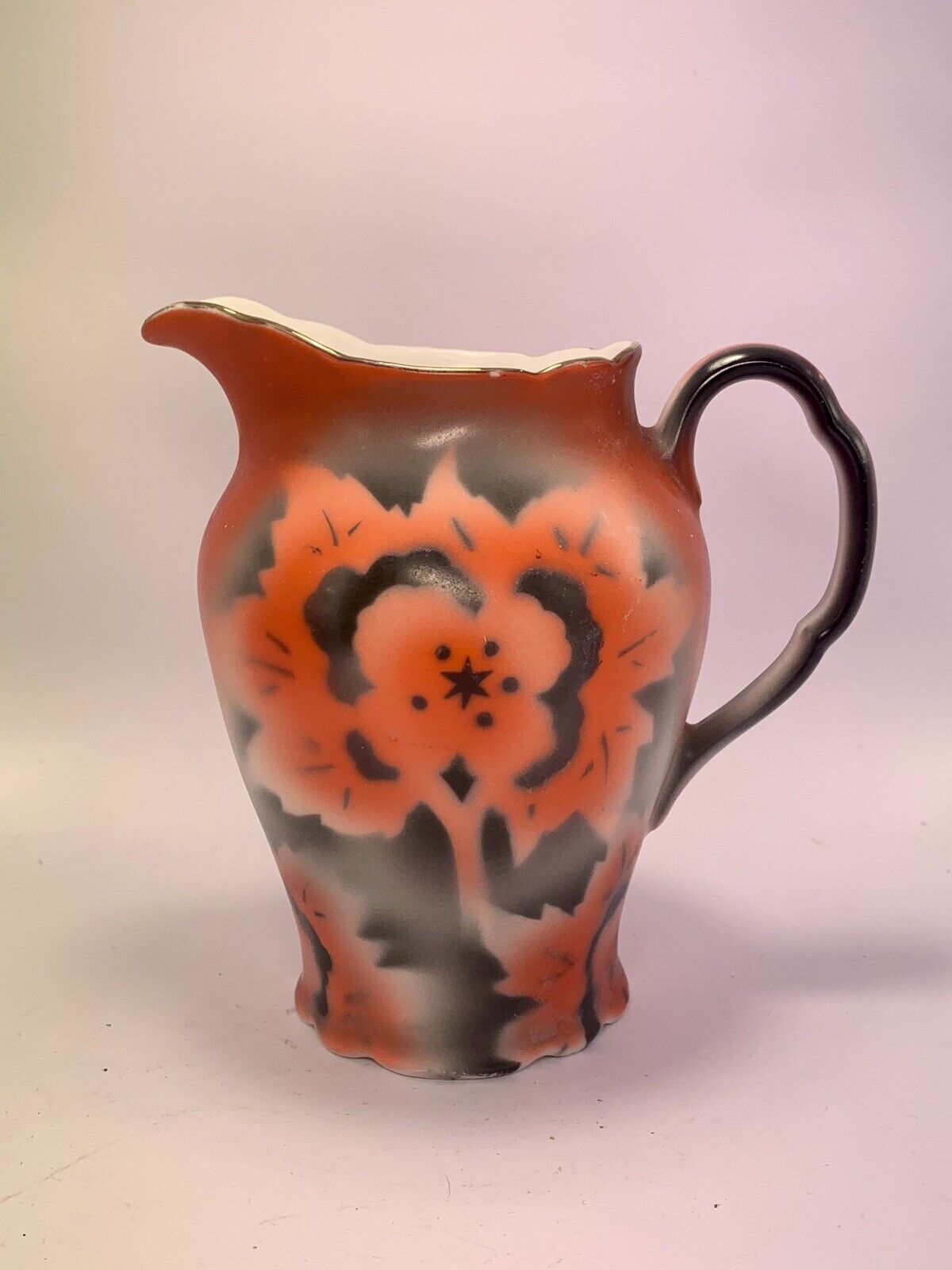 Vtg Victoria China porcelain bowl and cream pitcher orange black Czechoslovakia