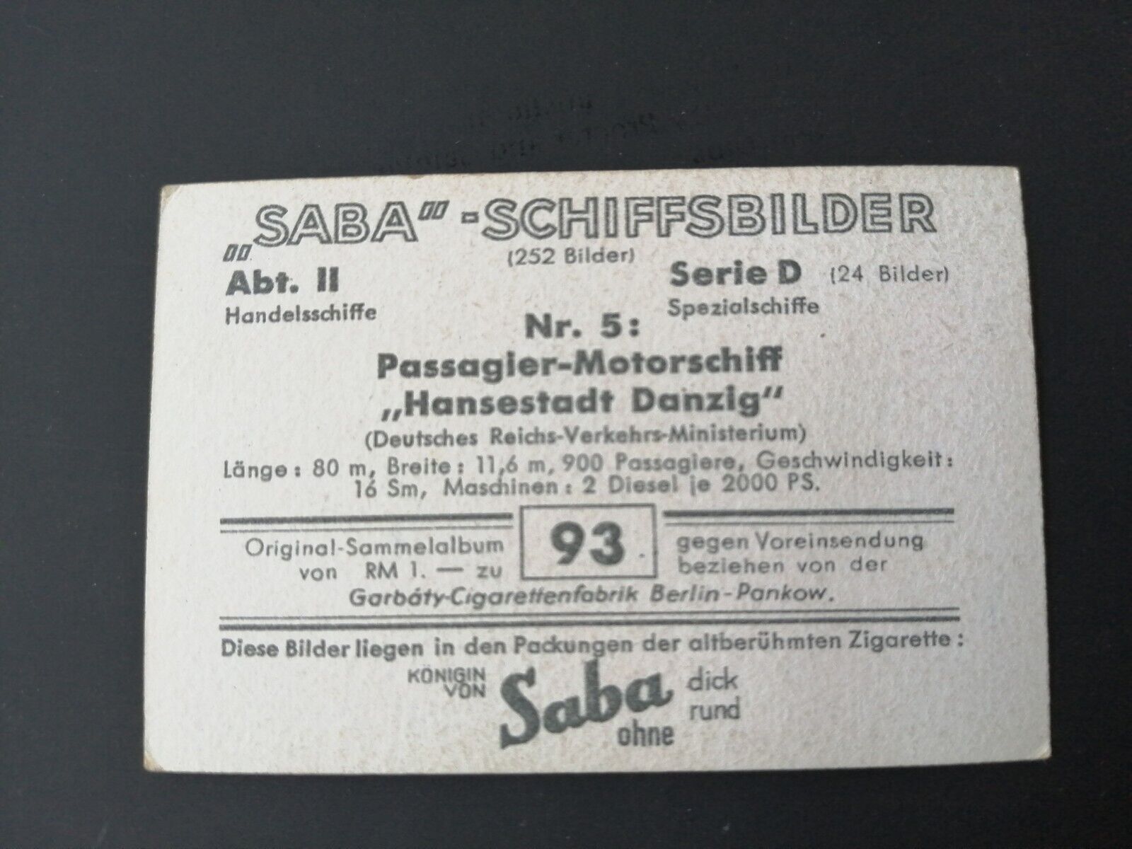 German SABA tobacco ship trading card 1931-33No 93 "Hansestadt Danzig"