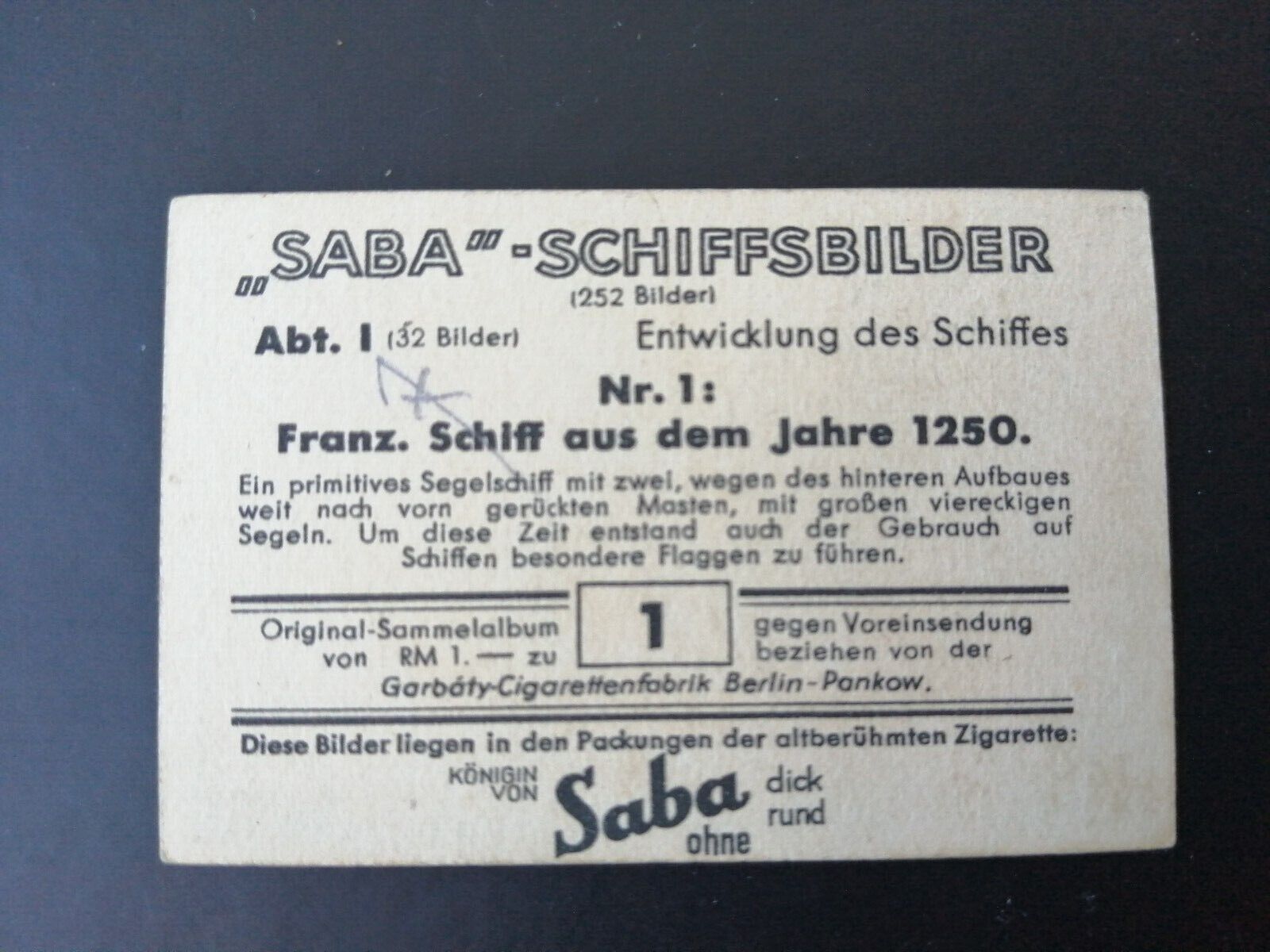 German SABA tobacco ship trading card 1931-33No 1 France Sail boat