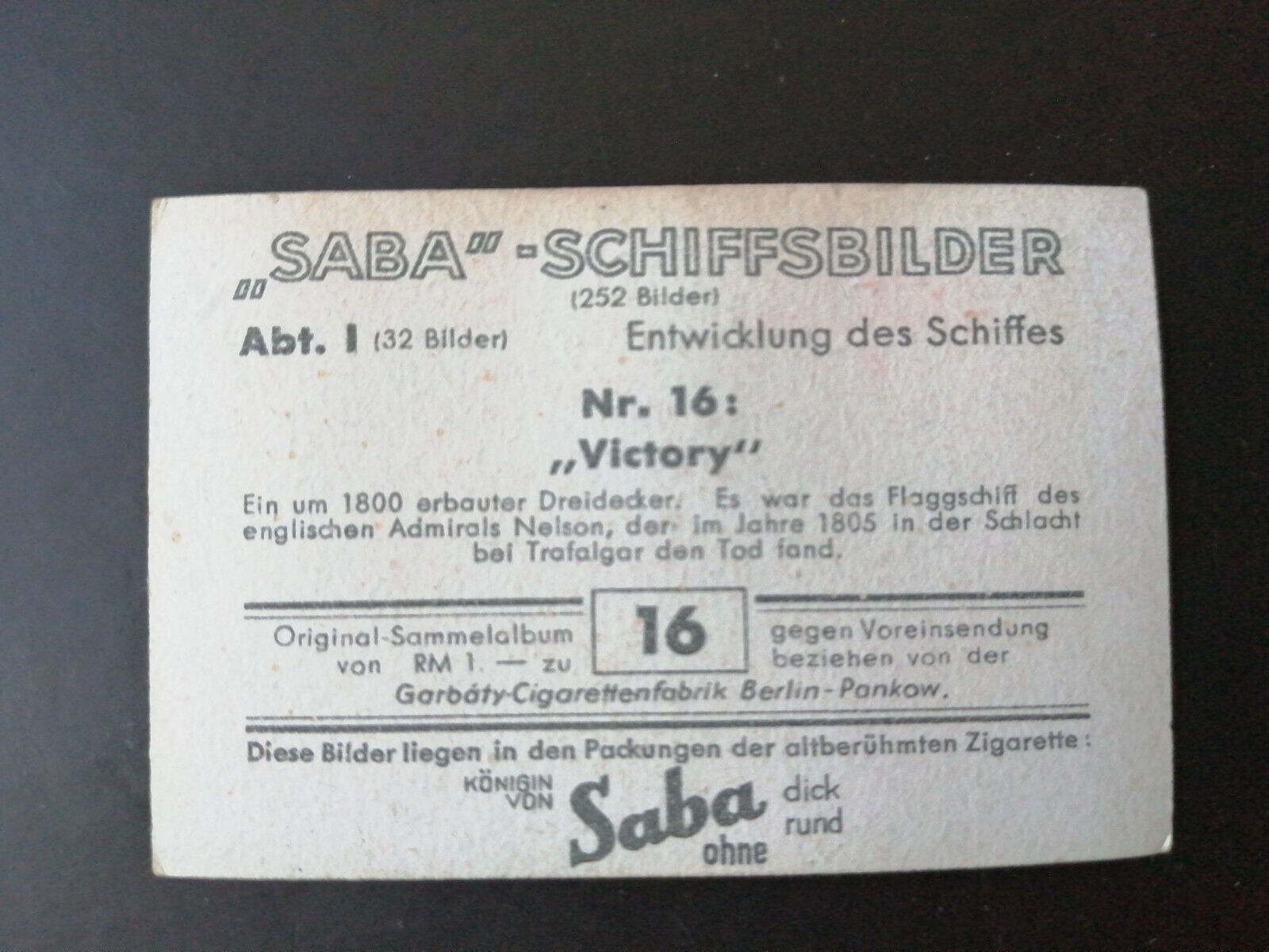 German SABA tobacco ship trading card 1931-33No 16 "Victory" Nelson's Flagship